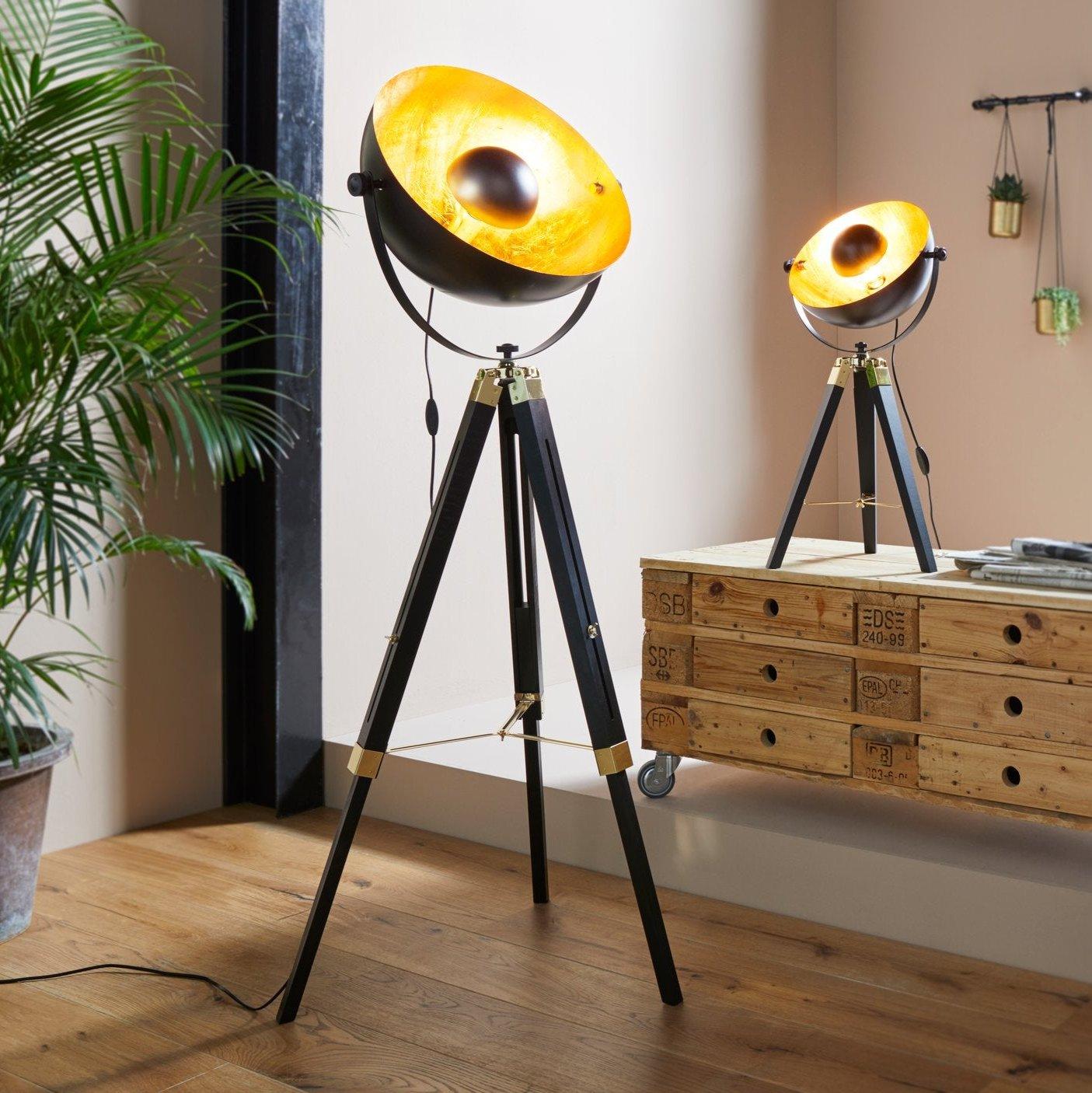 Eglo Covaleda Adjustable Tripod Floor Lamp - Black Wood & Gold Finish for Living Room, Bedroom, or Office Lighting