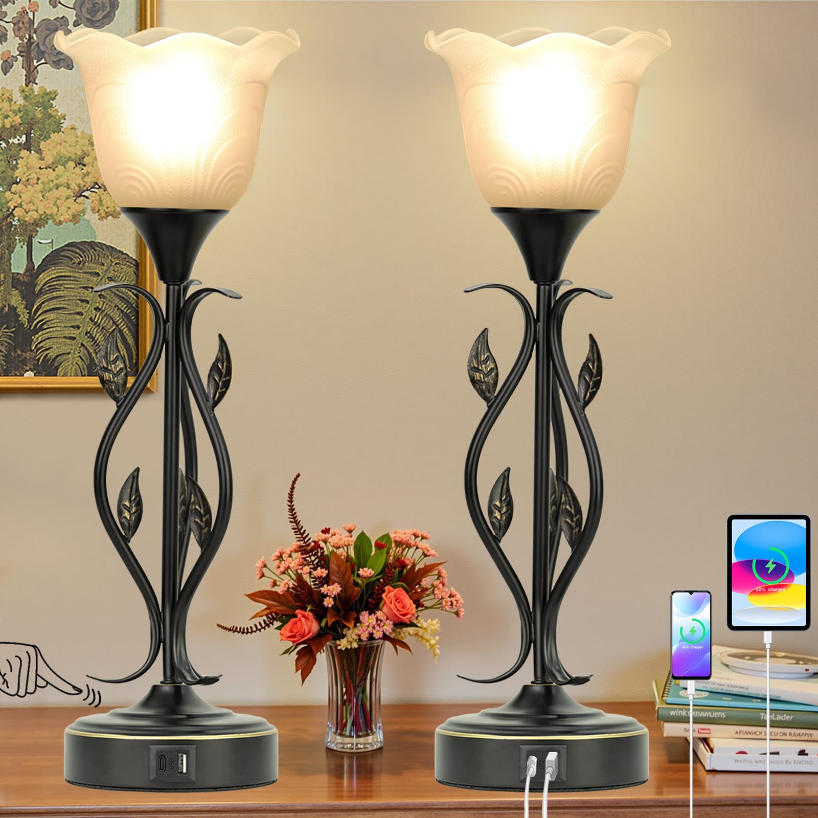 2 Pack Bedside Lamps with USB Port - 3-Way Dimmable Touch Control Table Lamps, Rustic Vine Leaf & Glass Flower Shade Nightstand Lighting for Bedroom, Living Room, Office - Perfect for Reading, Relaxation & Home Decor