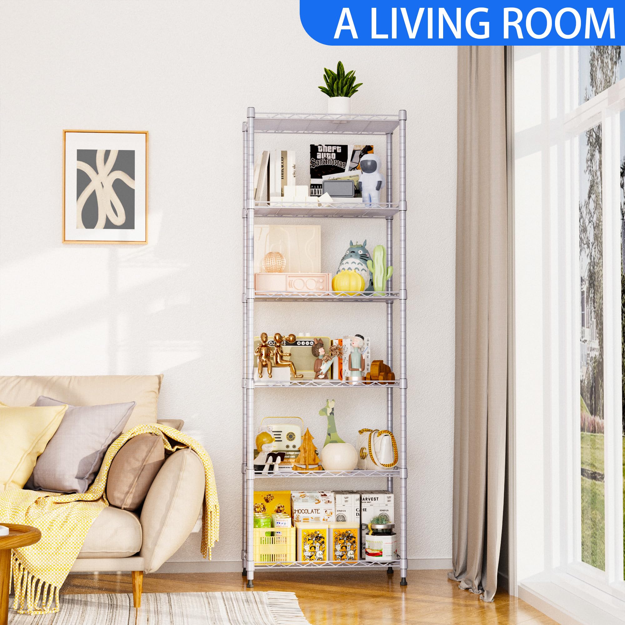 REGILLER 6-Tier Adjustable Steel Wire Shelving Unit - Heavy Duty Storage Rack for Laundry, Bathroom, Kitchen, Pantry & Closet Organization (Silver, 11.7