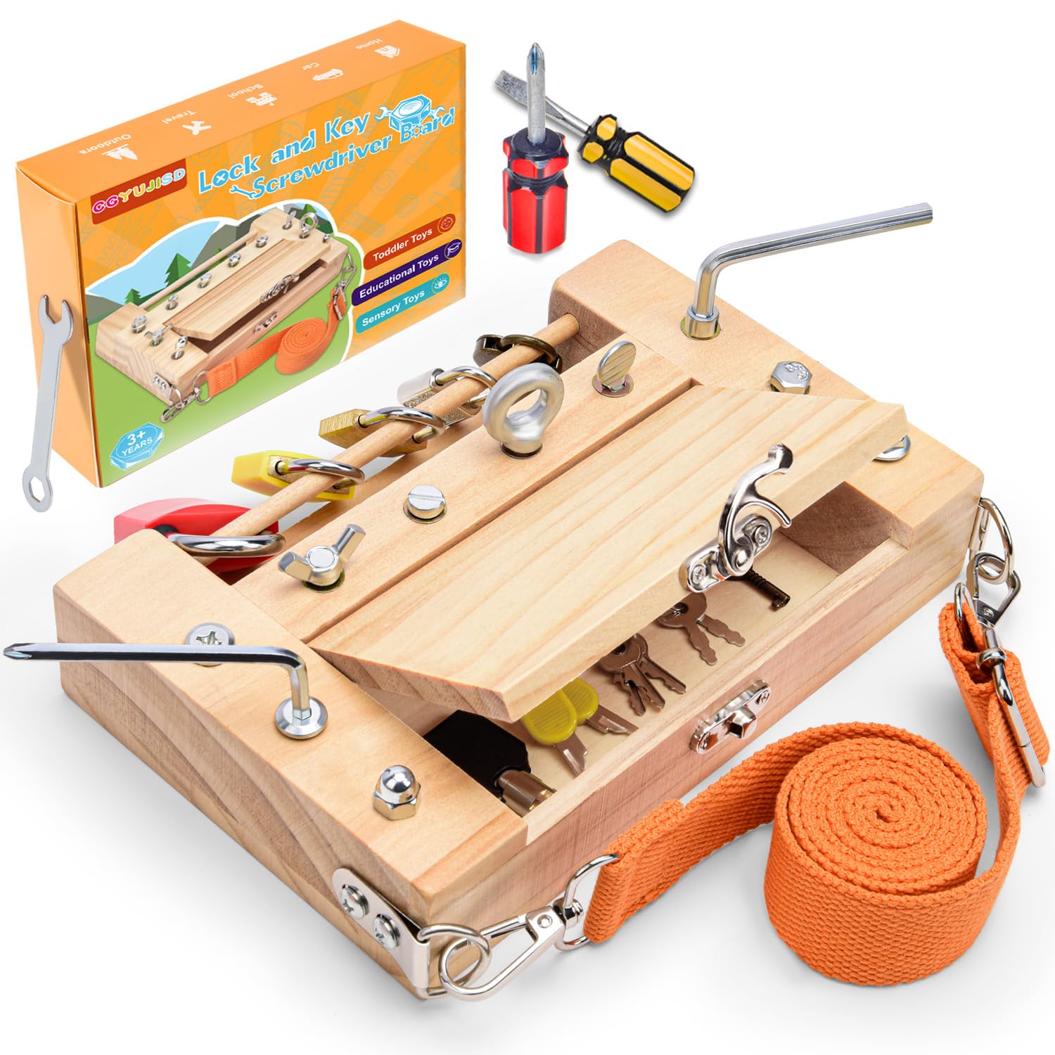 **Montessori Screwdriver Board - Wooden Lock & Key Toy Set for Kids Ages 3+, Sensory Learning Tools with Storage | STEM Educational Toy for Preschoolers & Toddlers (Fine Motor Skills, DIY Pretend Play)**