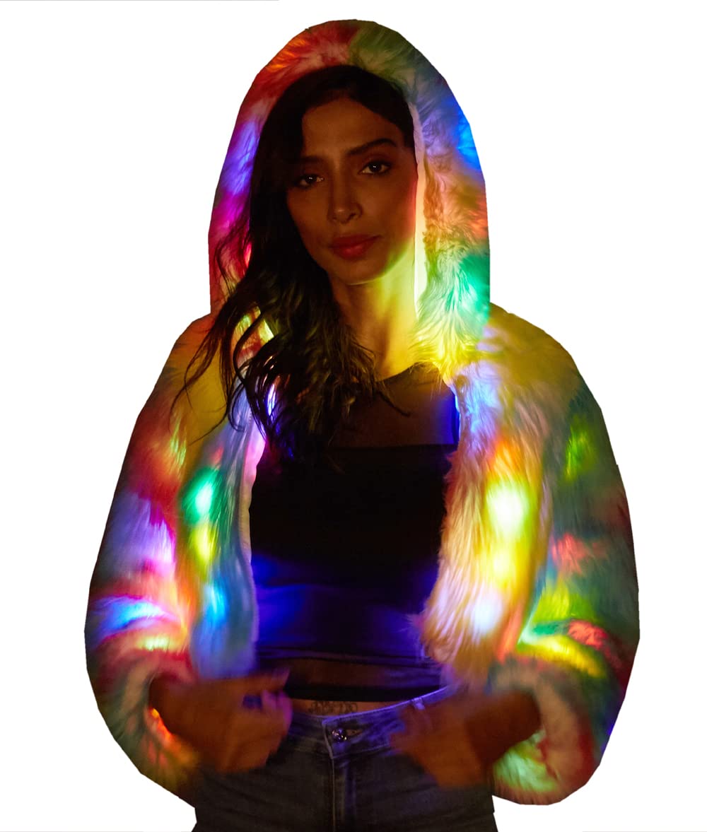 LED Light Up Jacket for Women - Glow in The Dark Rave, Stage, Xmas & Birthday Party Costume - Faux Fur Coats for Nightclub, Festival & Fancy Dress