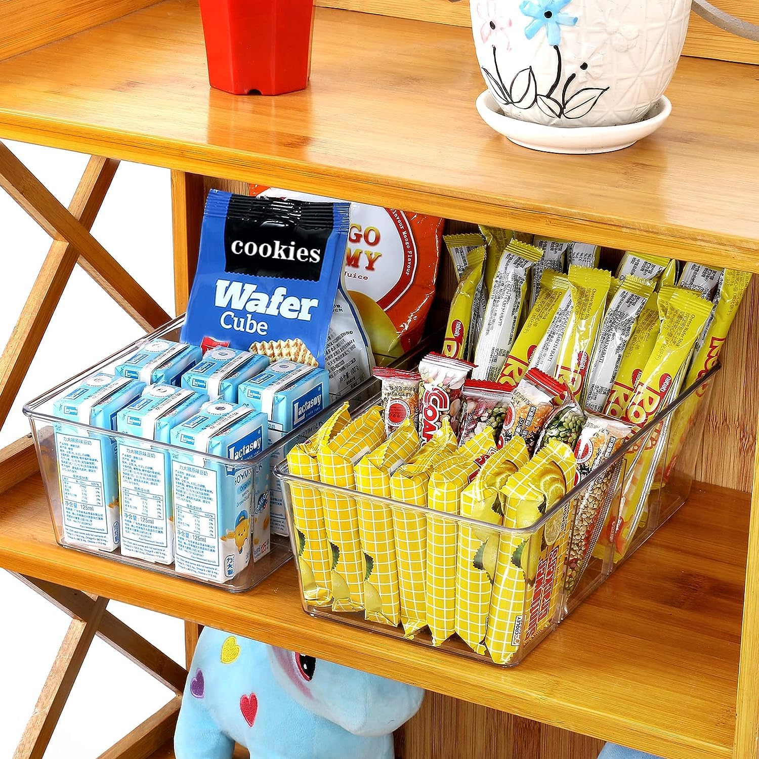 7 Pack Clear Pantry Organizer Bins with Removable Dividers - Stackable Kitchen Storage Containers for Snacks, Spices & Pouches - Perfect for Fridge, Cabinet & Pantry Organization (Space Saving Solution)