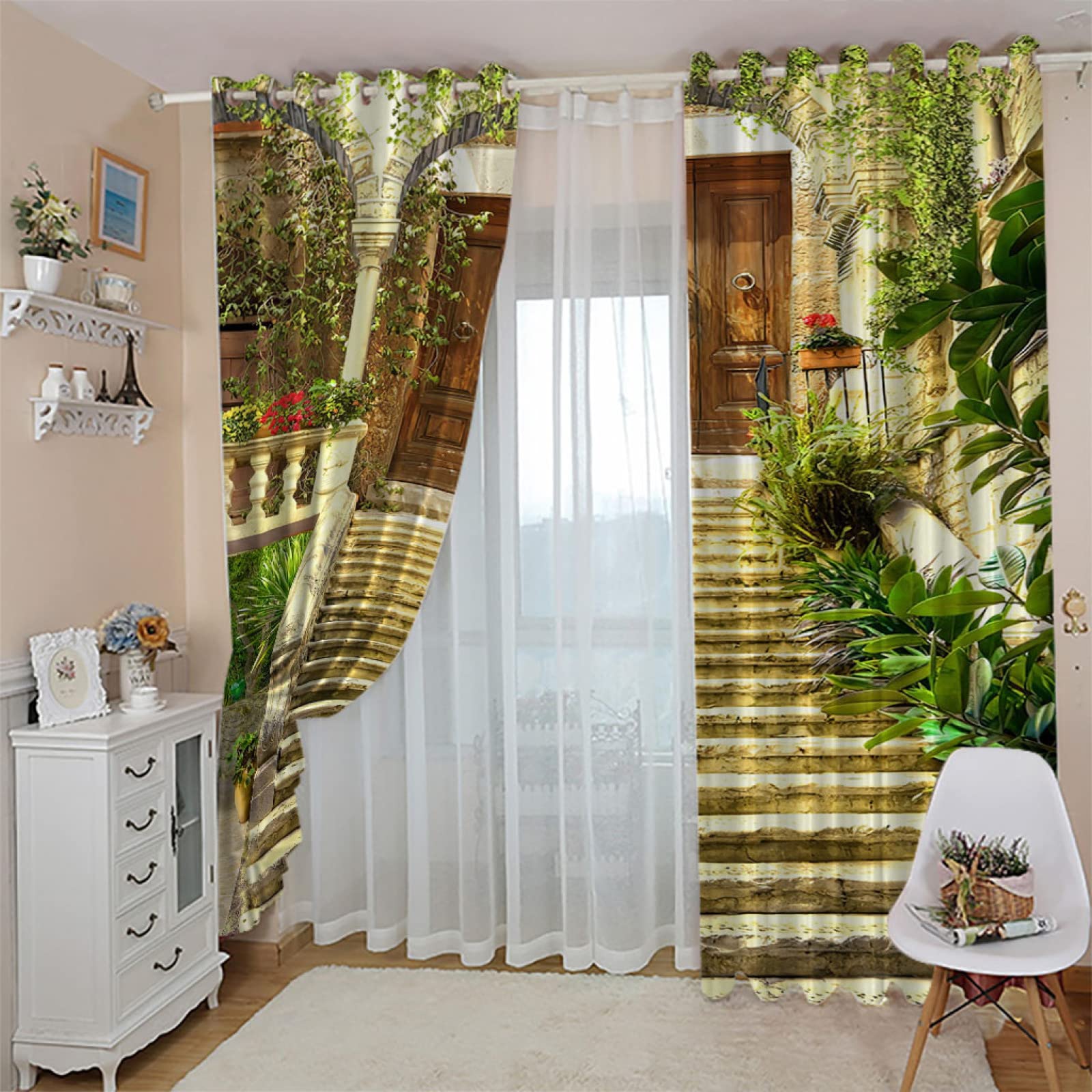 3D Building Stairs Blackout Curtains for Kids Bedroom - 2 Panels (55x96 Inches) Thermal Insulated Eyelet Window Curtains with Printing Pattern - Perfect for Boys & Girls Nursery, Home Decor & Light Blocking