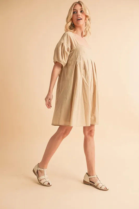Beige Babydoll Dress with Pockets - Flowy Short Sleeve Loose Fit Mini Dress for Women | Perfect for Summer, Beach, Date Night & Casual Outings