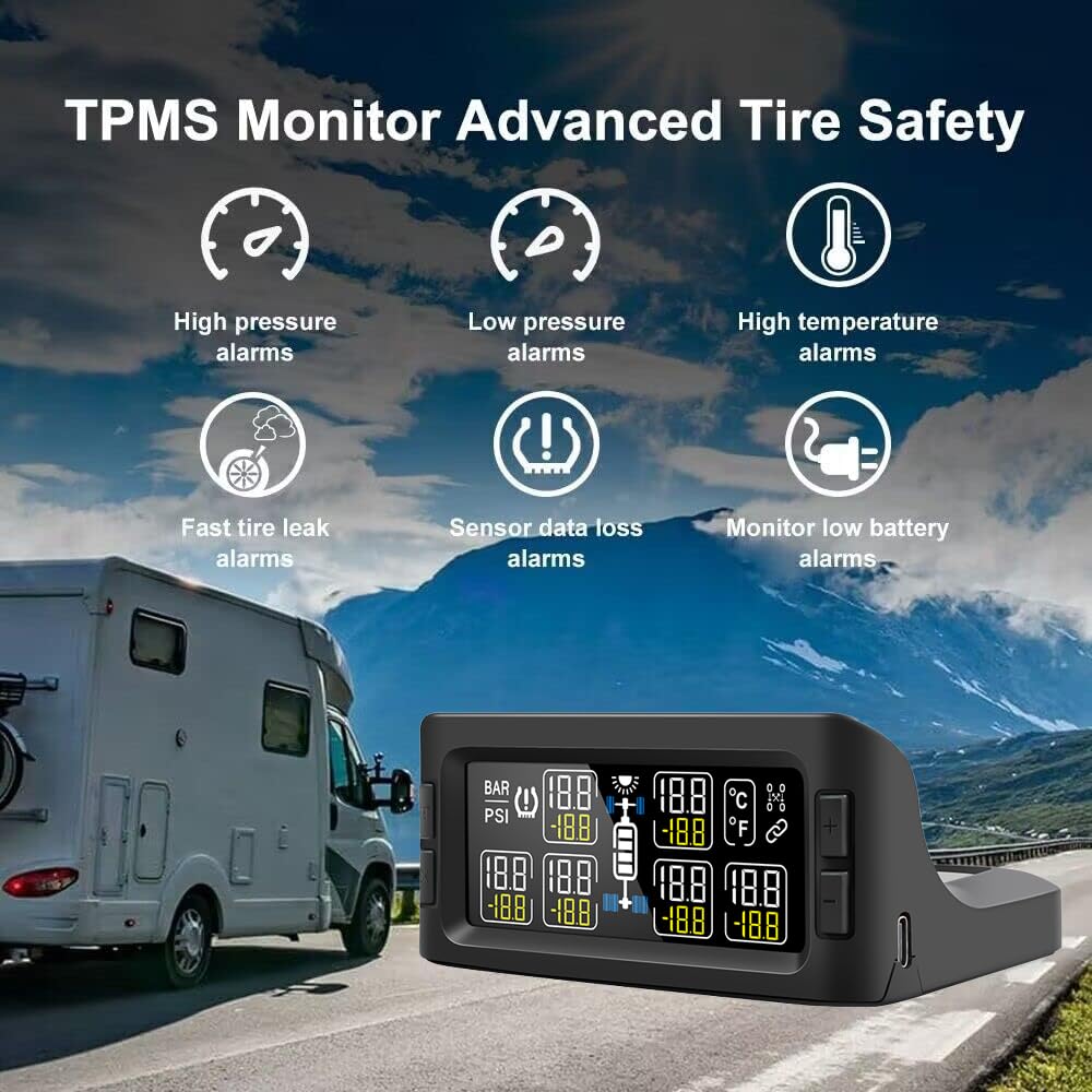 B-Qtech RV TPMS Solar Tire Pressure Monitoring System with 6 Flow Thru Sensors & Signal Repeater - Real-Time Pressure/Temperature Display, 7 Alarm Modes for RVs, Trailers, Buses, Motorhomes & Trucks - Perfect for Long-Distance Travel & Fleet Safety Monitoring