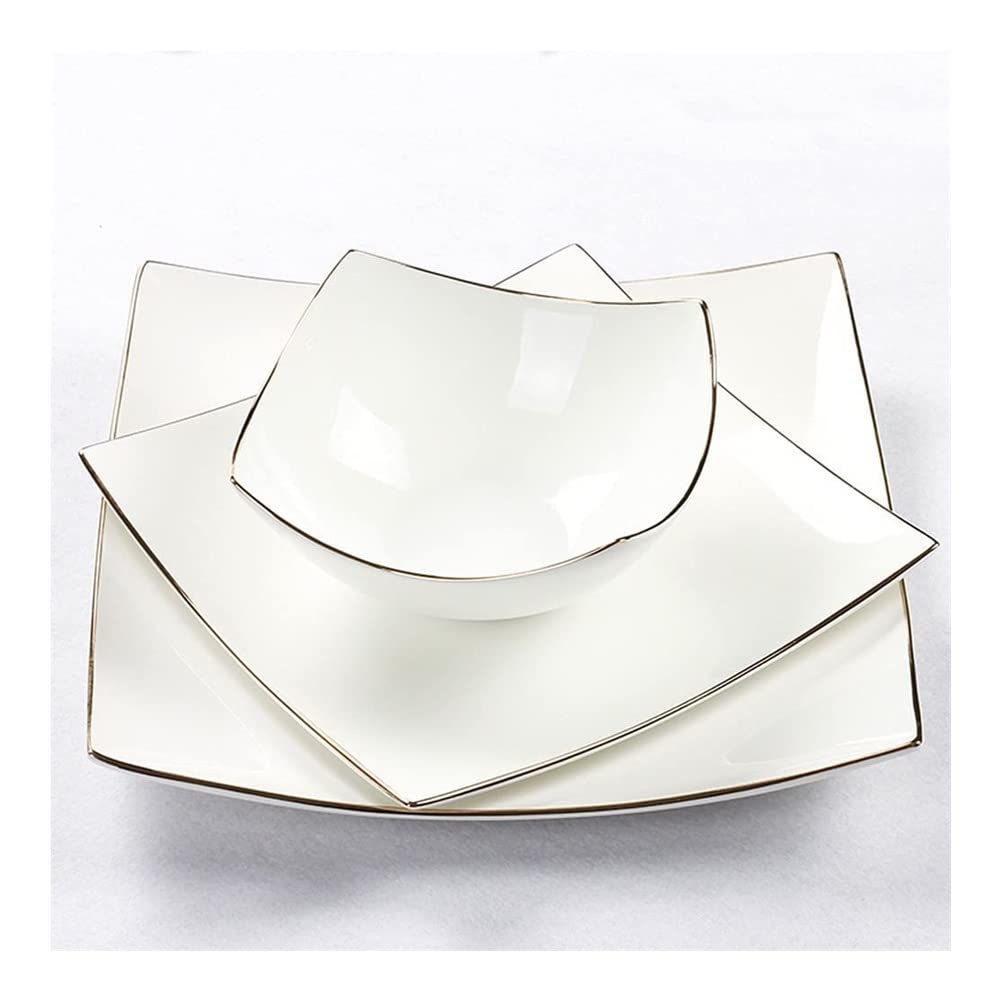 Premium Bone China Square Dinner Plates - Elegant White Porcelain Steak, Salad & Soup Bowls Set for Fine Dining & Entertaining