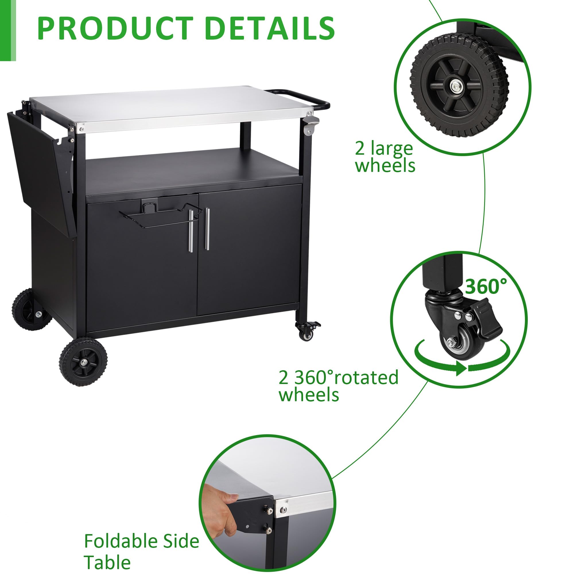 Portable Outdoor Grill Cart with Storage Cabinet - Movable BBQ Food Prep Table & Pizza Oven Stand for Backyard, Patio, Garden - Perfect for Outdoor Cooking, Entertaining & Storage Solutions