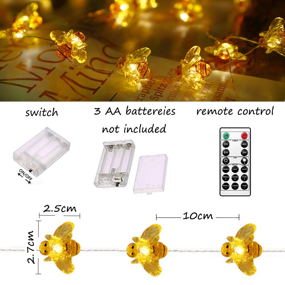 40 LED Honeybee Fairy String Lights - Waterproof, Battery Operated with Remote Control, 8 Lighting Modes for Wedding Decorations, Party Lighting, Christmas Tree, Garden, Patio, Bedroom & Outdoor Decor