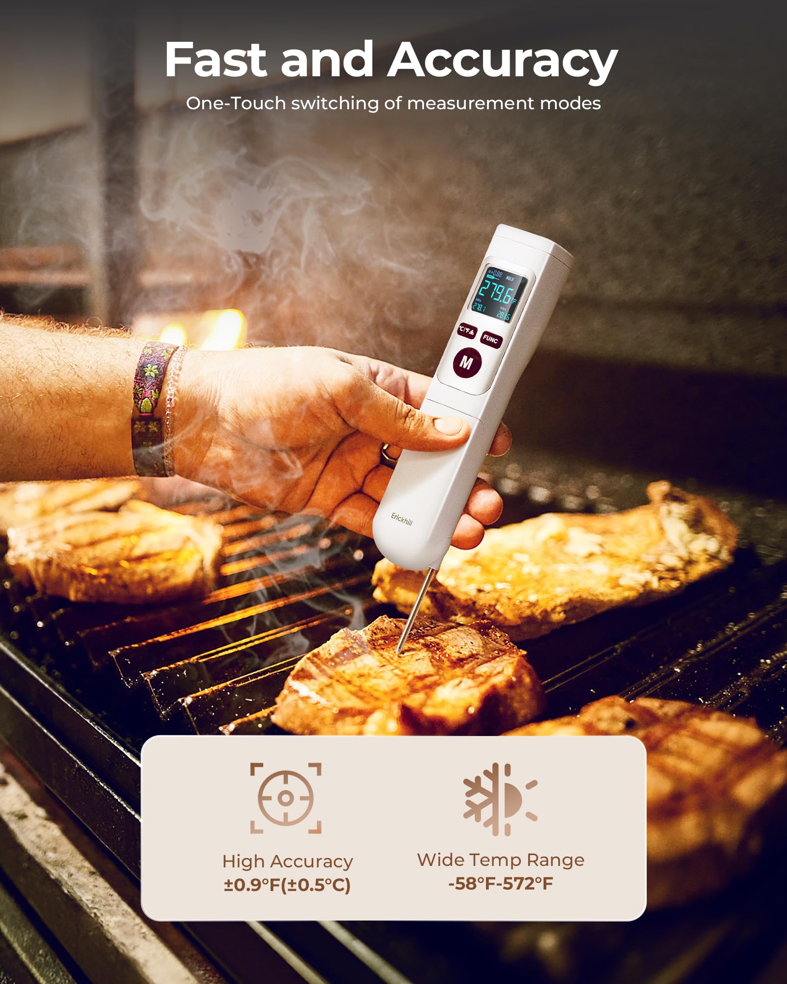 ERICKHILL Digital Infrared Thermometer Gun with Meat Probe - 2-in-1 Laser Temperature Gun for Cooking, Grilling, Baking & HVAC - Perfect for Pizza Ovens, BBQ, Meat, Griddles & Home Use