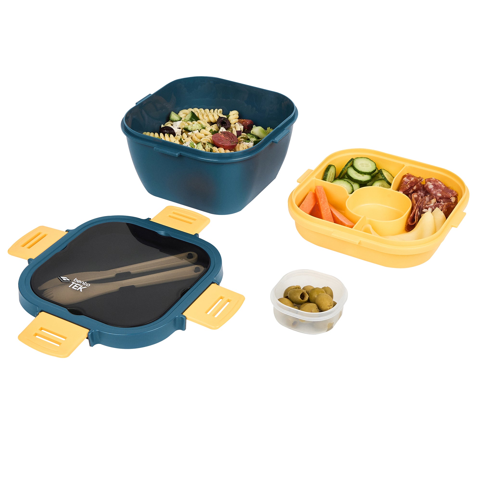 Bento Tek 58 oz BPA Free Lunch Box - Blue & Yellow Microwave Safe Food Container with Fork & Knife (7.25