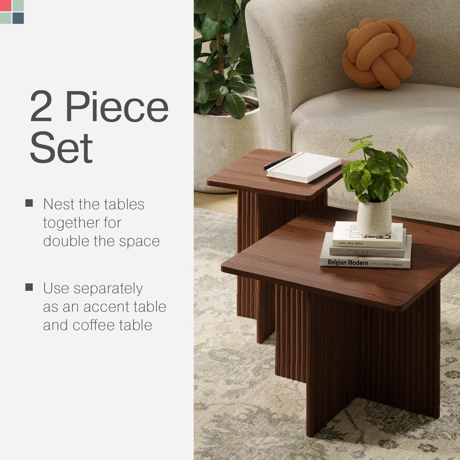 Square Fluted Nesting Coffee Table Set - 2 Piece Low Profile Modern Living Room Furniture with Solid Oak Base (Walnut) - Perfect for Small Spaces, Apartments & Contemporary Home Decor