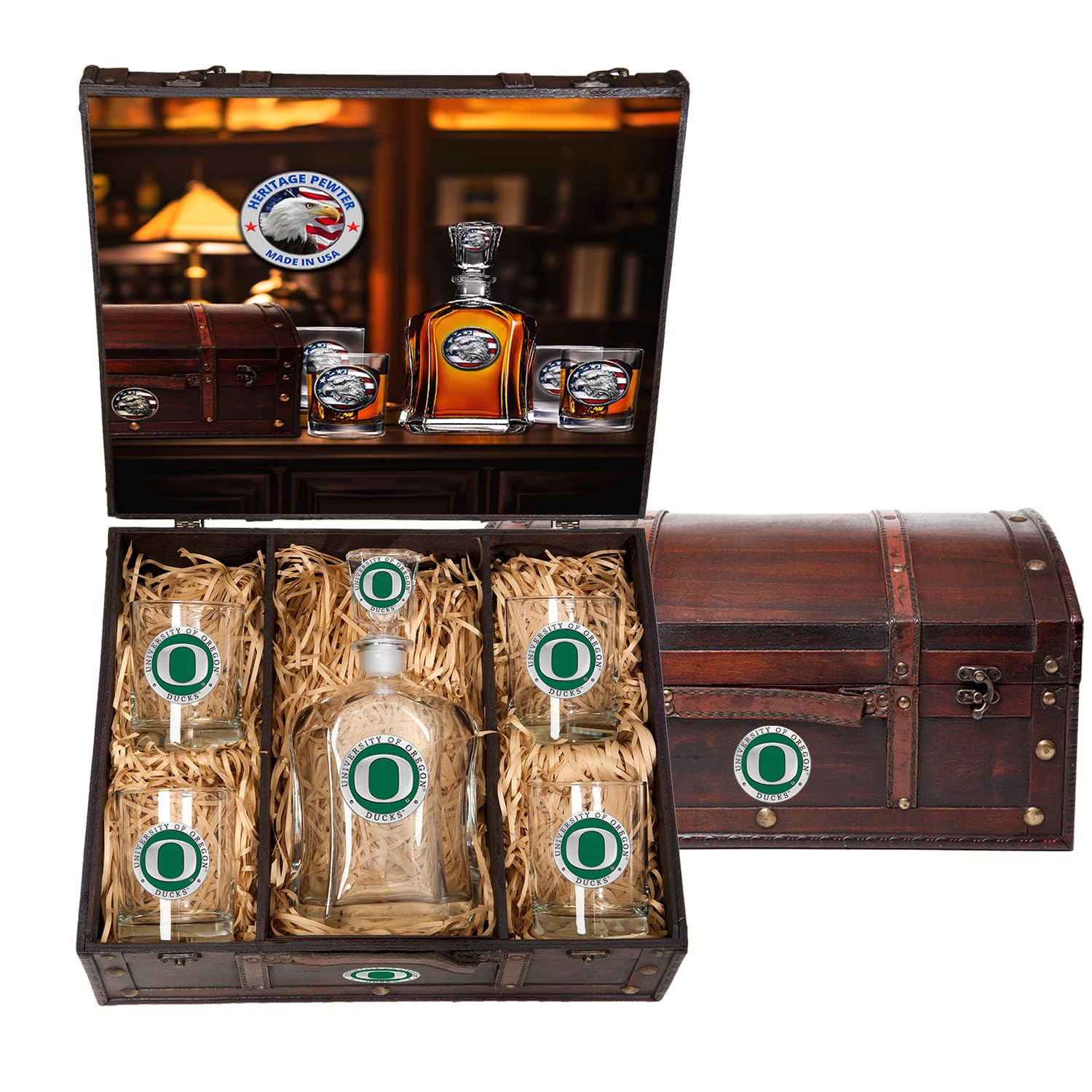 Oregon Capitol Decanter and Chest Set - 24 oz Whiskey Decanter with 4 Double Old-Fashioned Glasses - Handcrafted Pewter Barware for Home Bars, Gifts & Entertaining