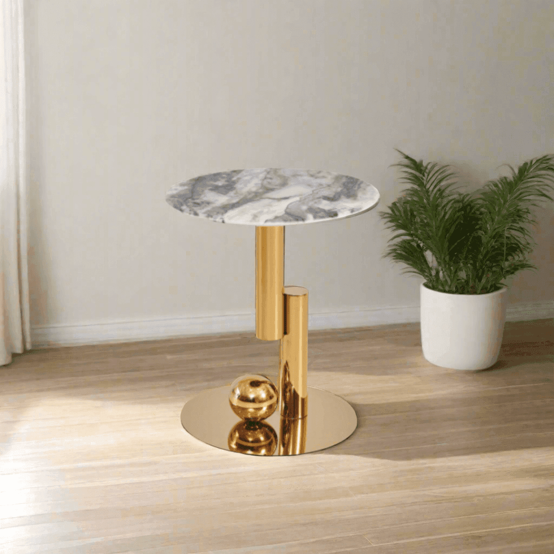 Giada Cultured Marble Side Table with Gold Base - Elegant End Table for Living Room, Bedroom & Office Decor - Perfect for Coffee Table Books, Lamps & Home Accessories