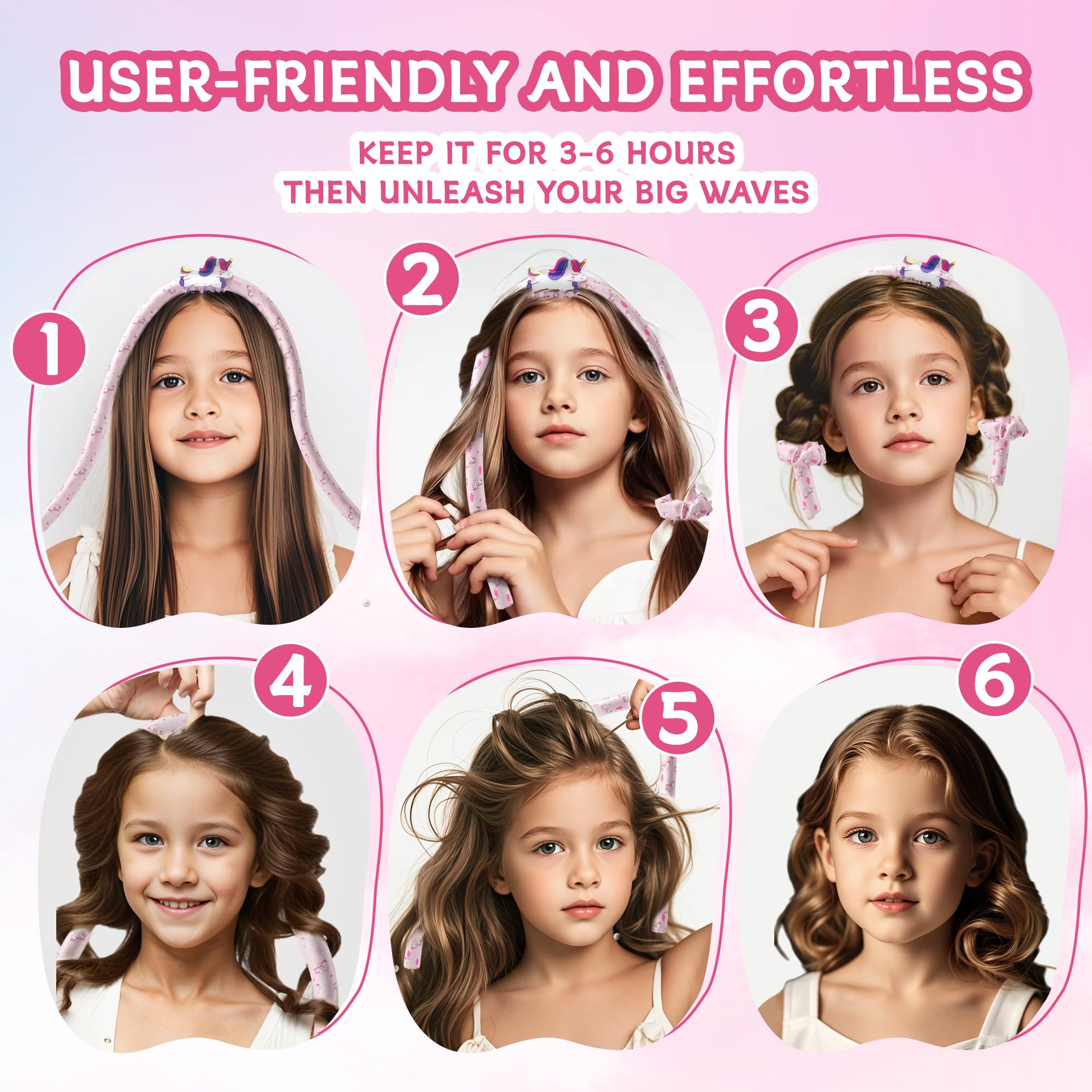 Heatless Curling Headband for Girls - Unicorn Hair Rollers with Clips, No Heat Hair Curlers for Kids & Teens (Ages 6-13) - Perfect for Overnight Curls, Birthday Gifts & Valentine's Day Presents - Great for Sleepovers, Parties & Special Occasions