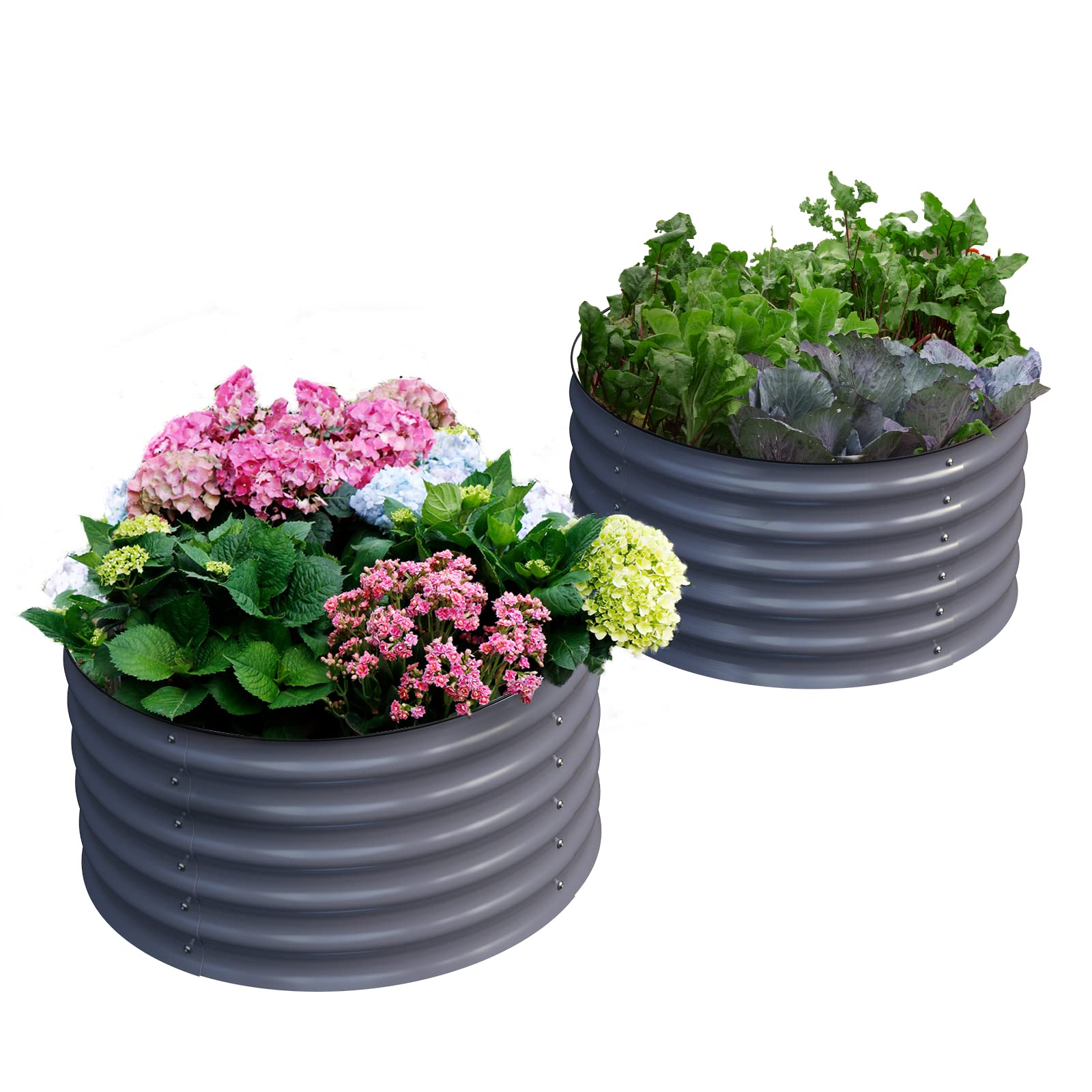 Olle 2 Pack 17 Inch Tall Durable Round Raised Garden Beds - Outdoor Vegetable Planter Boxes for Herbs, Vegetables, Flowers (Mid-Grey, 24x17 Inch) - Perfect for Backyard Gardening, Patio Decor & Small Space Planting