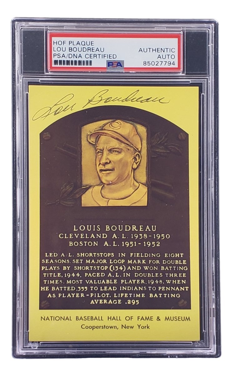 Lou Boudreau Autographed 4x6 Cleveland HOF Plaque Card - PSA/DNA Certified #85027794 - Perfect for Baseball Memorabilia Collections & Sports Fan Gifts