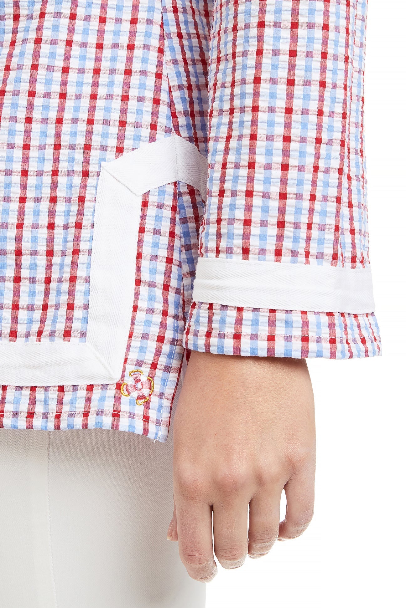 Red, White & Blue Seersucker Check Tunic Top with White Trim - Casual Summer Wear for Women, Perfect for Beach Outings and Picnics