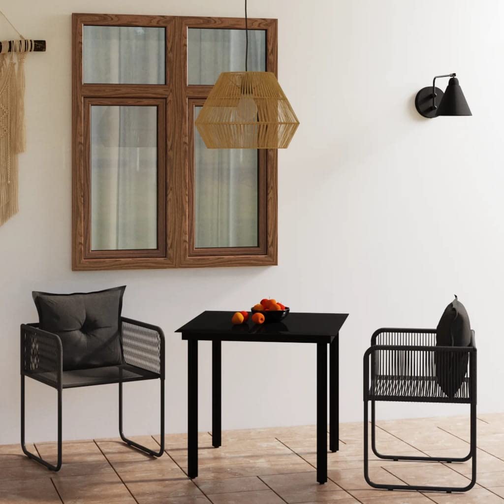 vidaXL 3-Piece Black Outdoor Patio Dining Set with Steel Frame, Water-Resistant PE Rattan & Cushions - Perfect for Backyard, Garden, and Poolside Entertaining