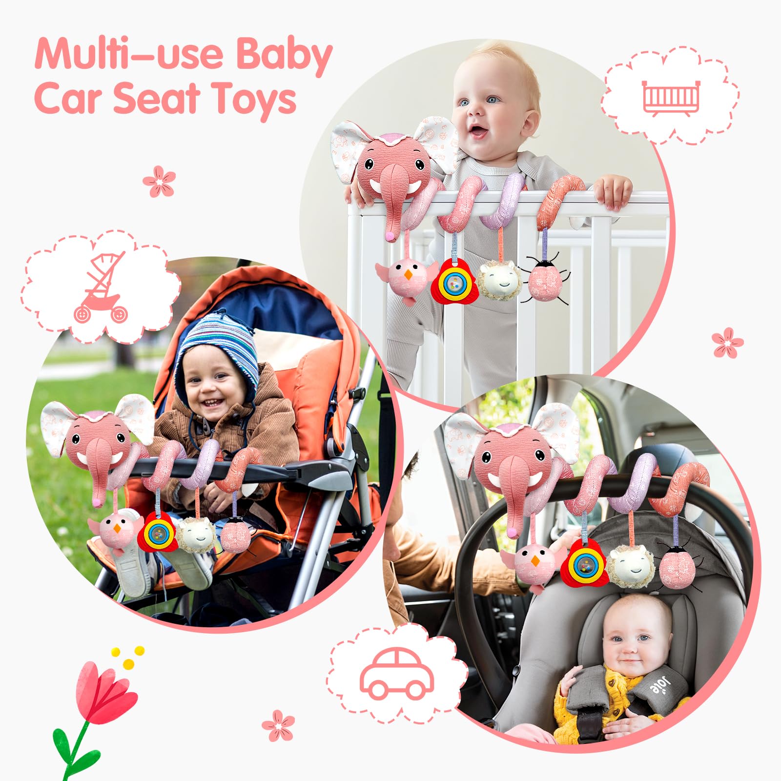 XIXILAND Baby Car Seat Toys for 0-12 Months - Soft Rattles, Teether & Musical Mirror for Infant Brain Development | Stroller, Crib & Playtime Entertainment for Newborns Boys & Girls