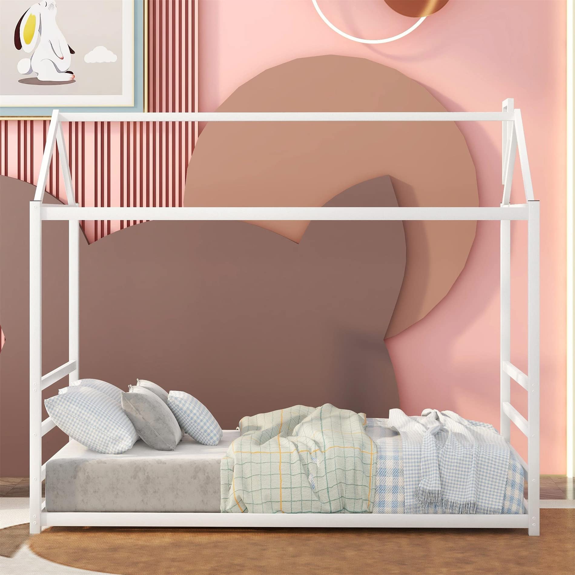 Montessori Floor Bed Frame for Kids - Twin Size Metal House Bed with Roof, White | Toddler Bed for Boys & Girls | No Box Spring Needed | Perfect for Montessori Bedrooms, Playrooms & Kids' Sleep Space