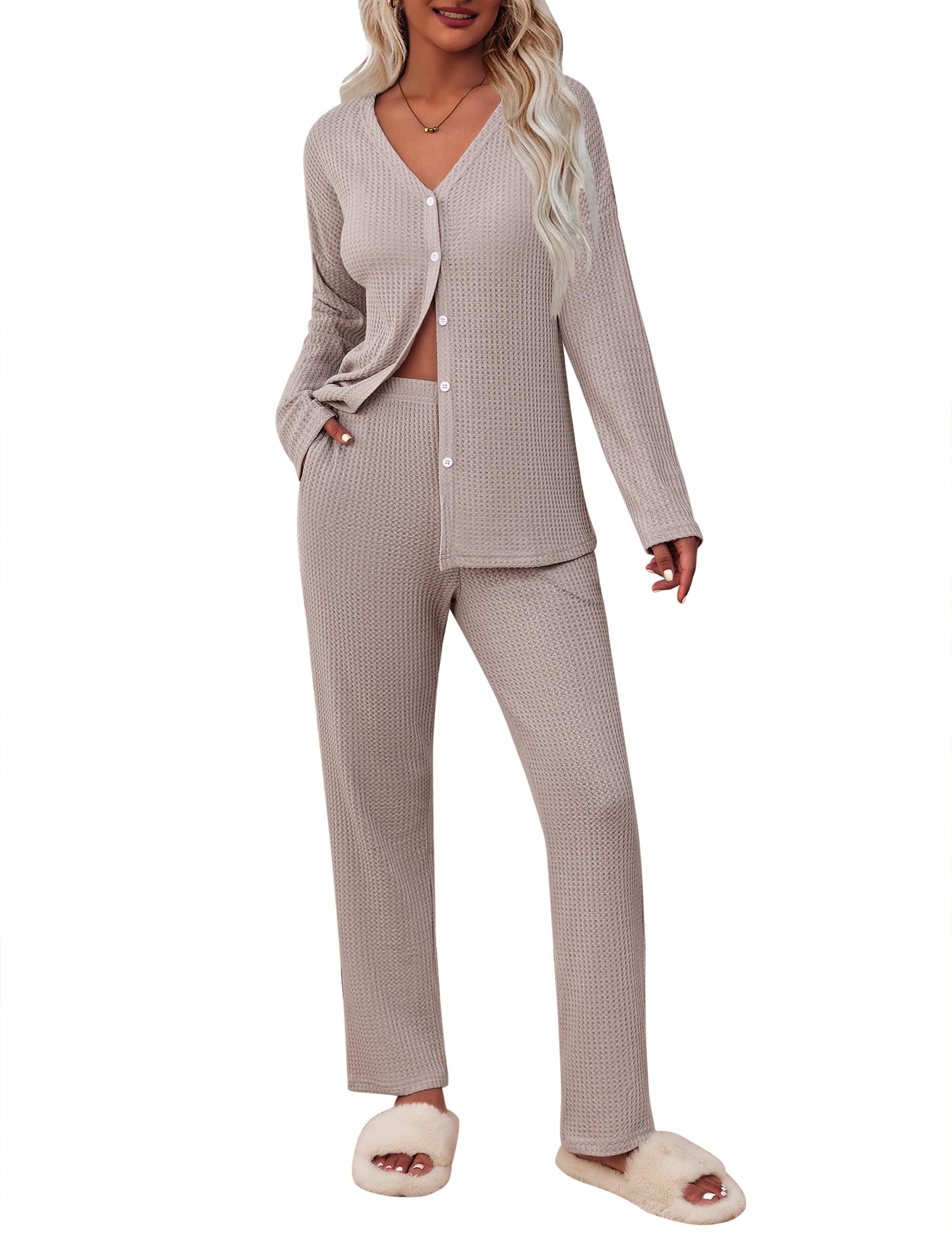 Ekouaer Women's Waffle Knit Pajama Set - Soft Button Down Sleepwear & Loungewear 2-Piece with Pockets - Cozy Nightwear for Relaxing at Home or Sleepovers