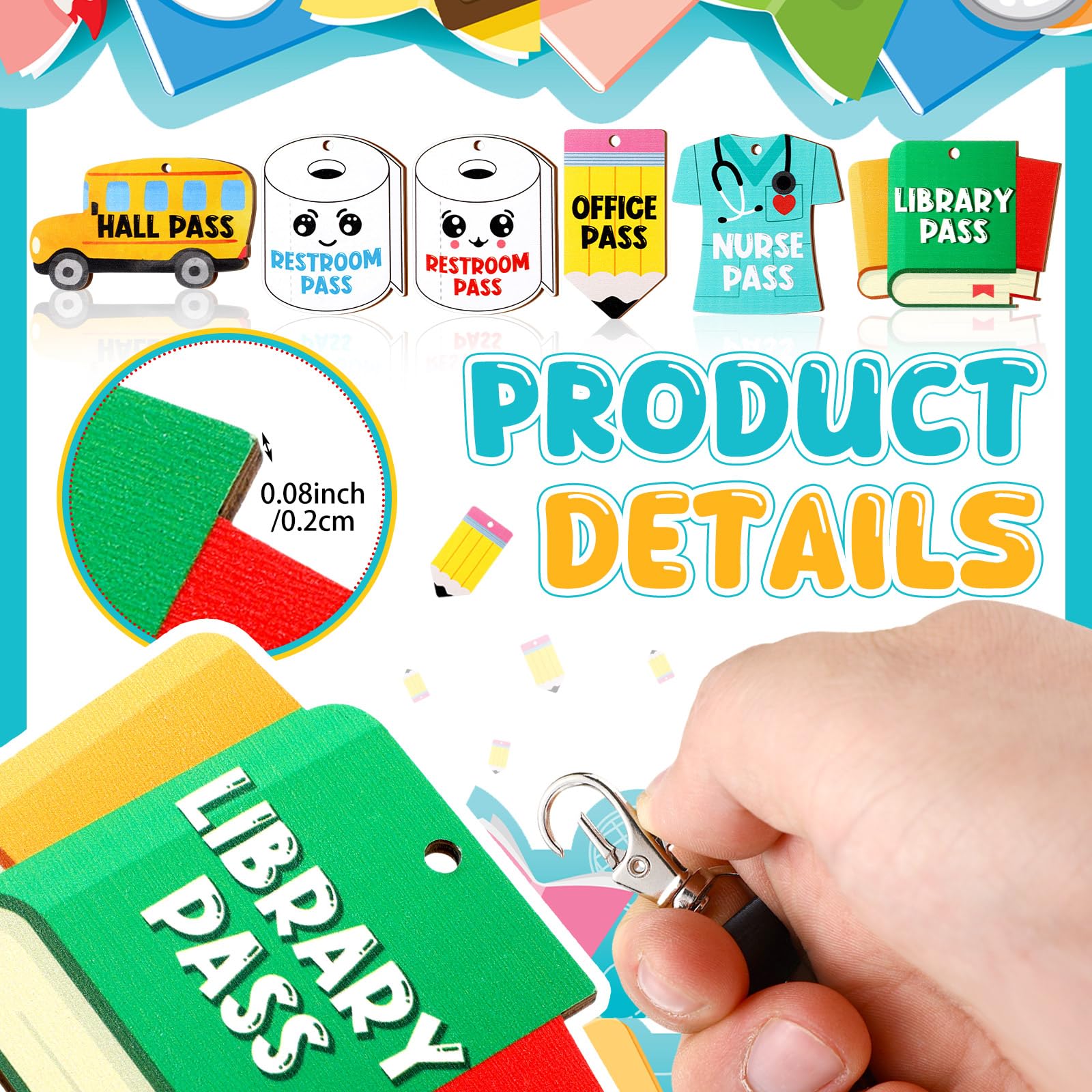 Sabary 6 Sets Unbreakable Wooden Hall Pass Lanyards with School Passes - Durable Classroom Bathroom Passes for Hall, Restroom, Library, Office & Nurse - Perfect Teacher Supplies Gift (Cute Style) - Ideal for Elementary Schools, Middle Schools and Teacher Appreciation Gifts