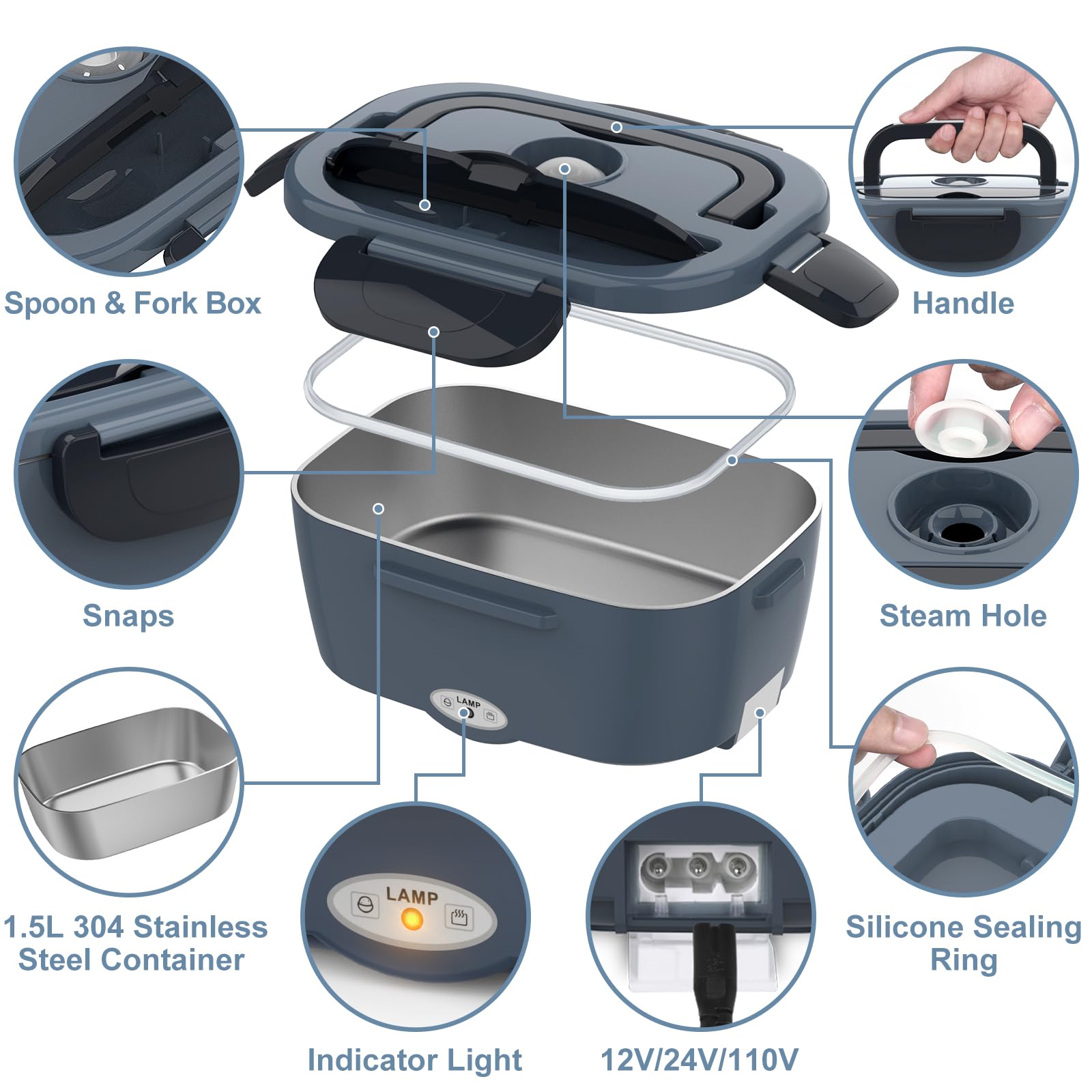 Portable Electric Lunch Box for Adults - 60-80W Car/Truck Food Warmer | Rechargeable Heating Lunch Box for Office, Travel & Camping | Perfect Christmas Gift & White Elephant Present