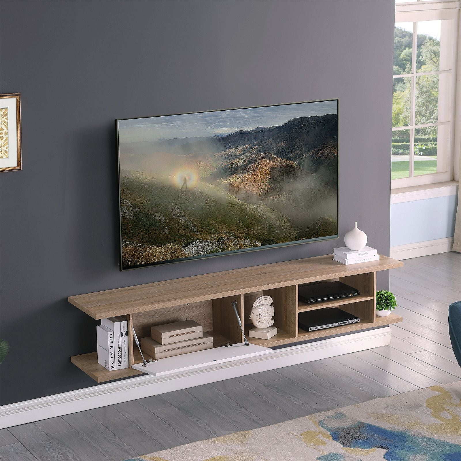 Auldrin 200cm Floating TV Stand with Wall Mount - Modern Oak Entertainment Center for Living Room - Perfect for Home Theater Setup & Space Saving Design