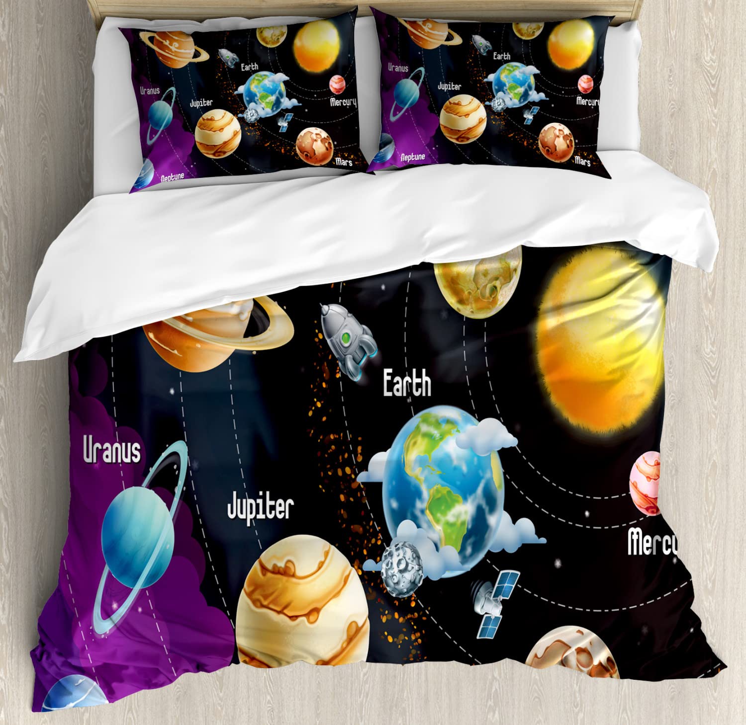 Ambesonne Outer Space Duvet Cover Set - Solar System Planets Milky Way Galaxy Bedding with 2 Duvet Covers & 4 Pillowcases, Queen Size 2-Pack in Black & Purple - Perfect for Astronomy Lovers' Bedroom Decor