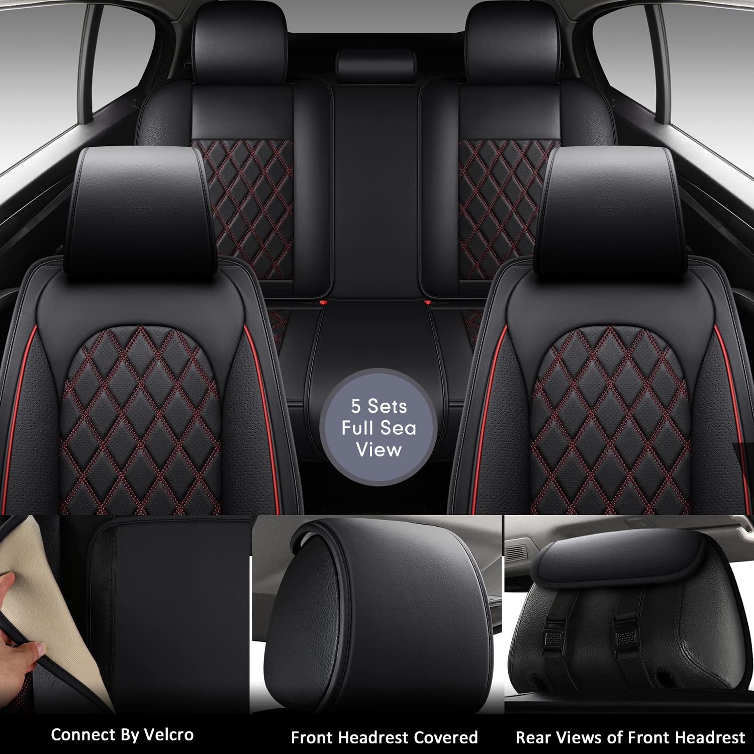 Premium Red Faux Leather Car Seat Covers - Universal Fit for Sedan, SUV & Trucks - Diamond Stitched Auto Interior Protector (Full Set) - Perfect for Daily Commute & Road Trips