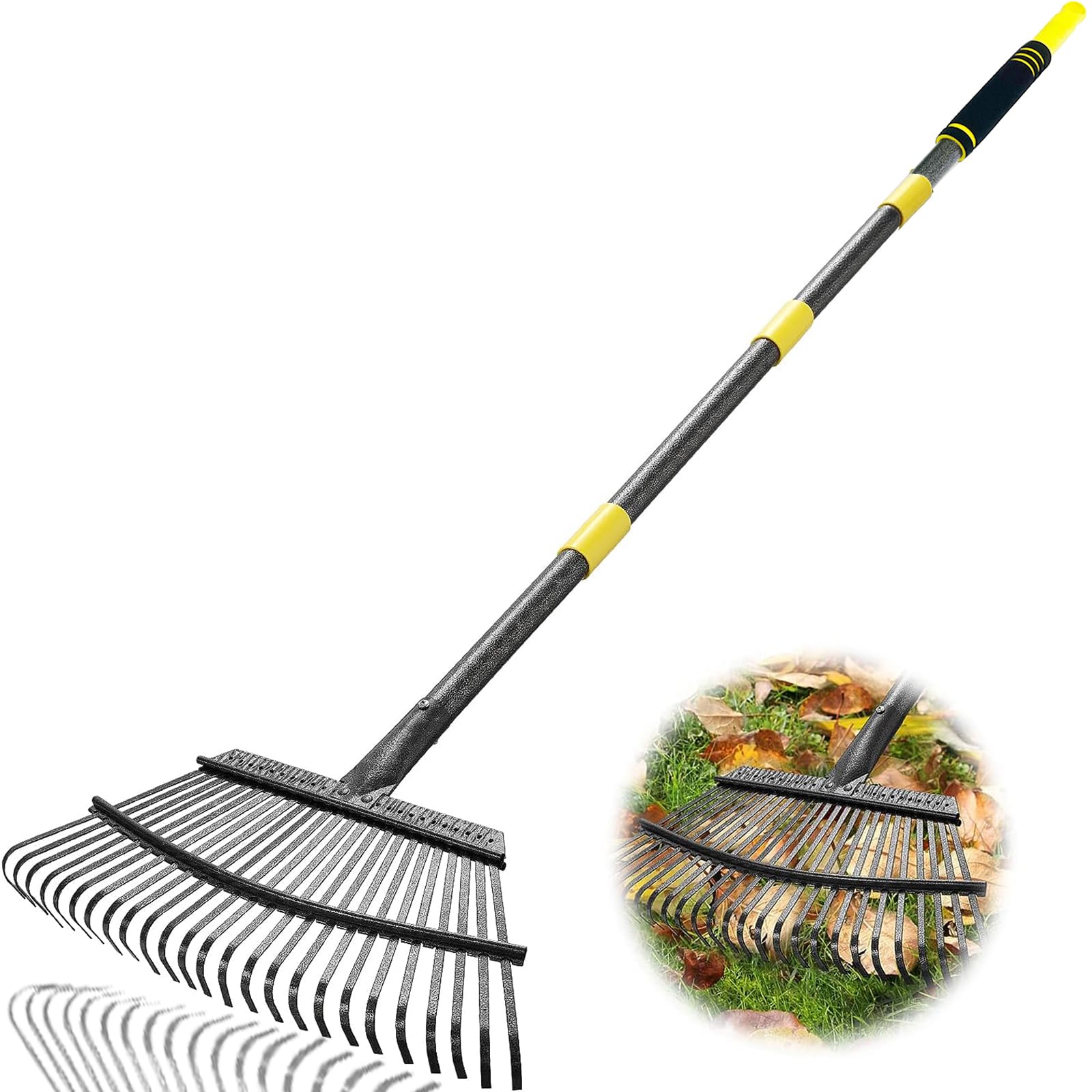 Heavy Duty 6FT Garden Leaf Rake with 25 Metal Tines - 18.5 Inch Wide Adjustable Steel Handle for Lawns, Yards & Flower Beds - Perfect for Raking Leaves, Gathering Shrubs, Leveling Grass & Outdoor Cleanup