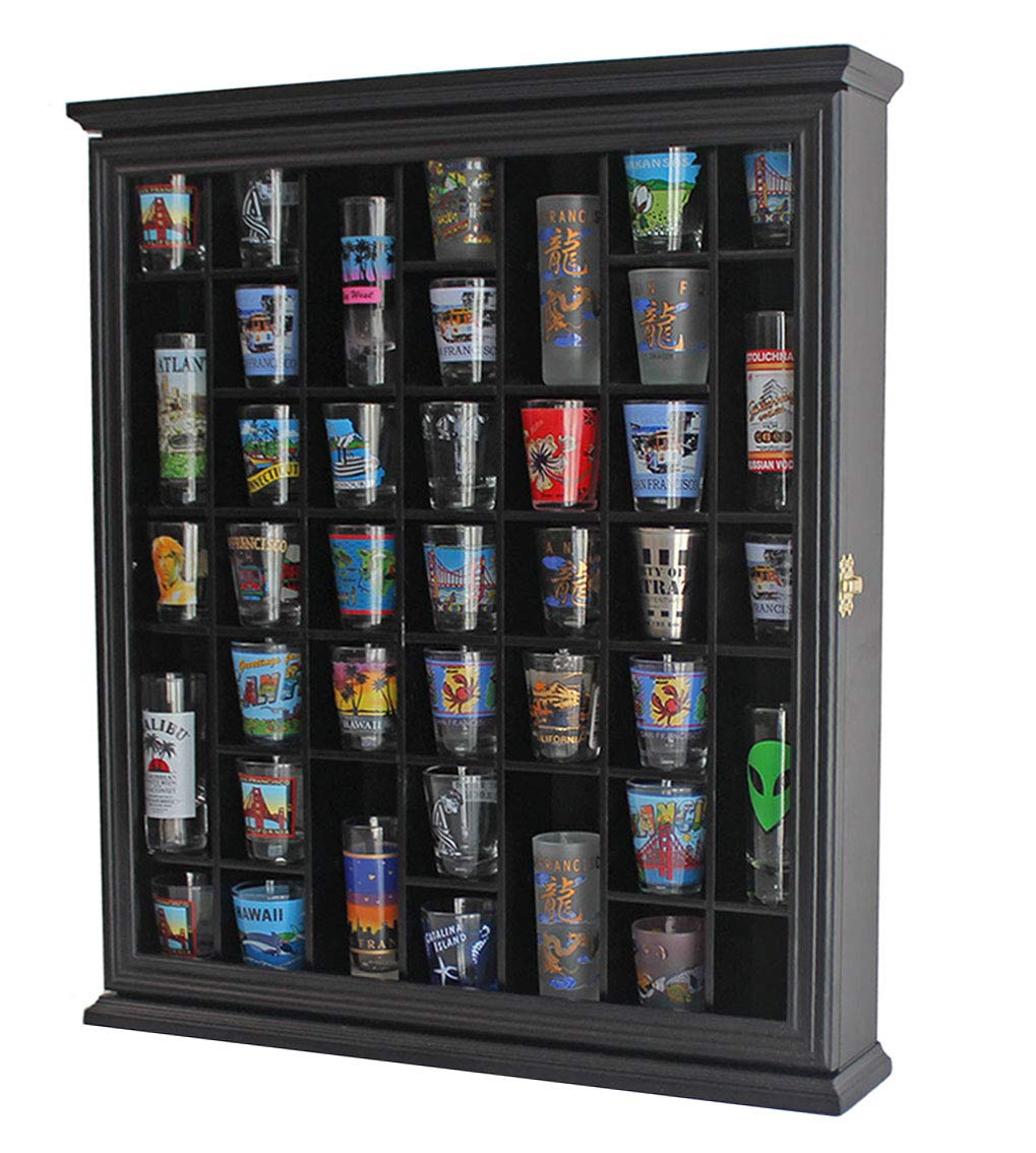 41 Shot Glass Display Case - Wall Mounted Bar Collection Cabinet with Glass Door & Shadow Box - Perfect for Home Bar, Man Cave, or Liquor Store Display (Black)