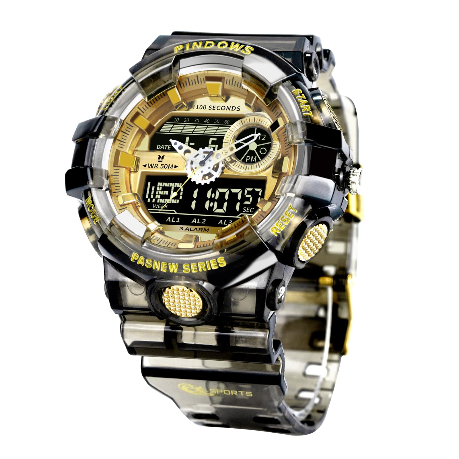 PINDOWS Men's Waterproof Digital Watch - 50M, LED Alarm, Stopwatch for Outdoor Sports