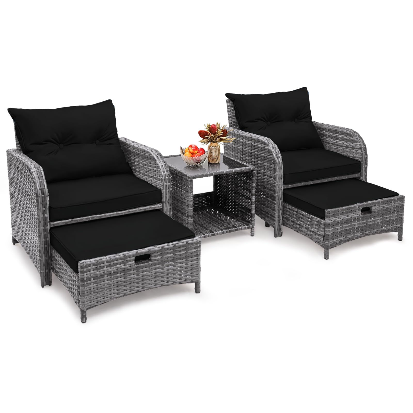 5-Piece PE Wicker Outdoor Patio Furniture Set with Ottoman & Side Table - All-Weather Rattan Chairs for Porch, Balcony, Sunroom - Perfect for Relaxing, Entertaining & Lounging (Black)