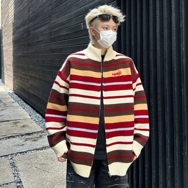 Men's Striped Zipper Knit Cardigan Sweater Jacket - Loose Fit Turtleneck Pullover for Spring 2025 | Casual Wear, Date Night & Couple Outfits | American Fashion 9C9259