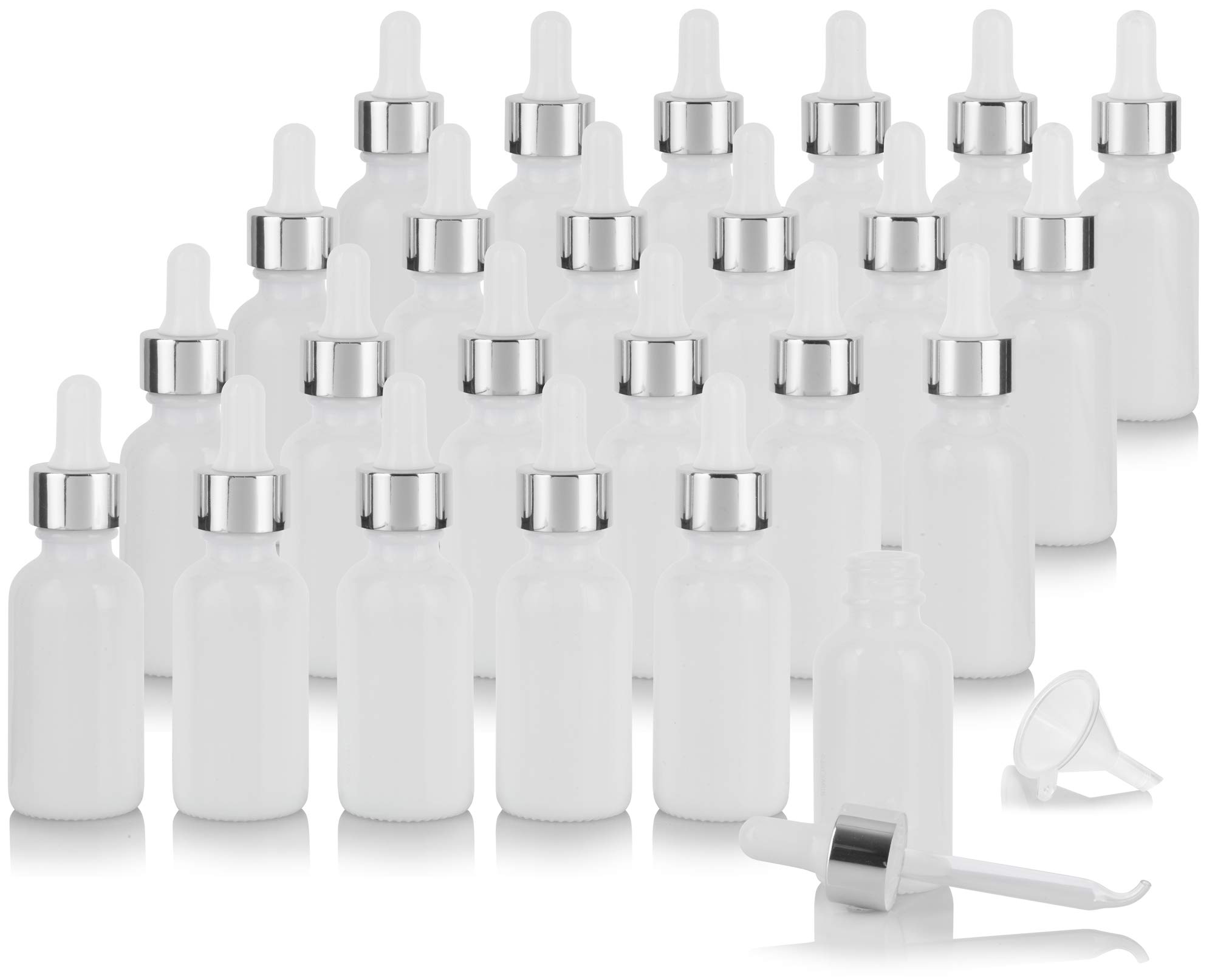 JUVITUS 1 oz Opal White Boston Round Glass Bottle with Silver Metal Dropper - 24 Pack + Funnel for Essential Oils, DIY Beauty, and Travel Size Liquids