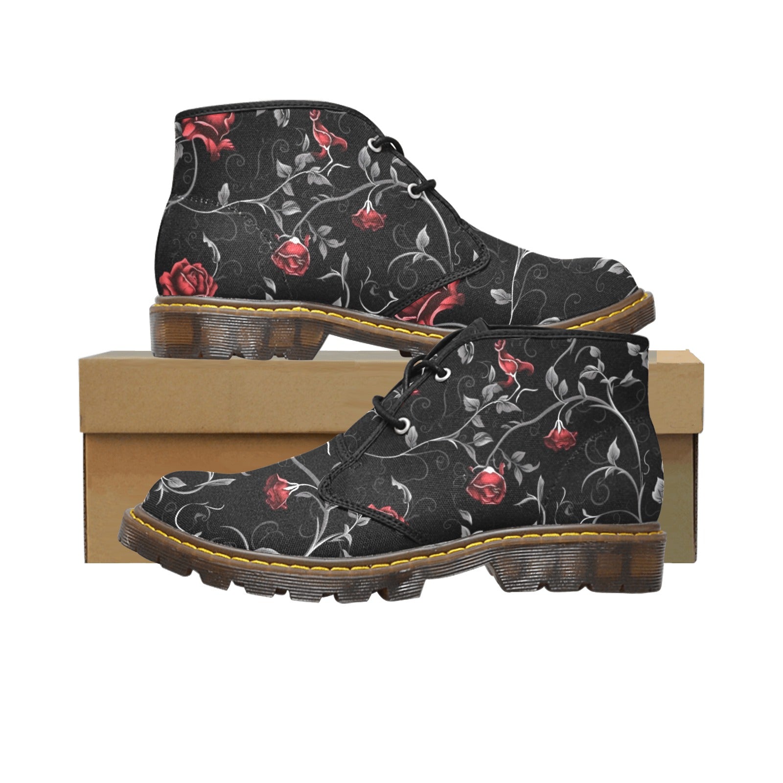 Gothic Rose and Vines Canvas Chukka Boots for Women - Vintage Punk Ankle Booties with Floral Design - Perfect for Gothic Fashion, Halloween Costumes, and Alternative Outfits