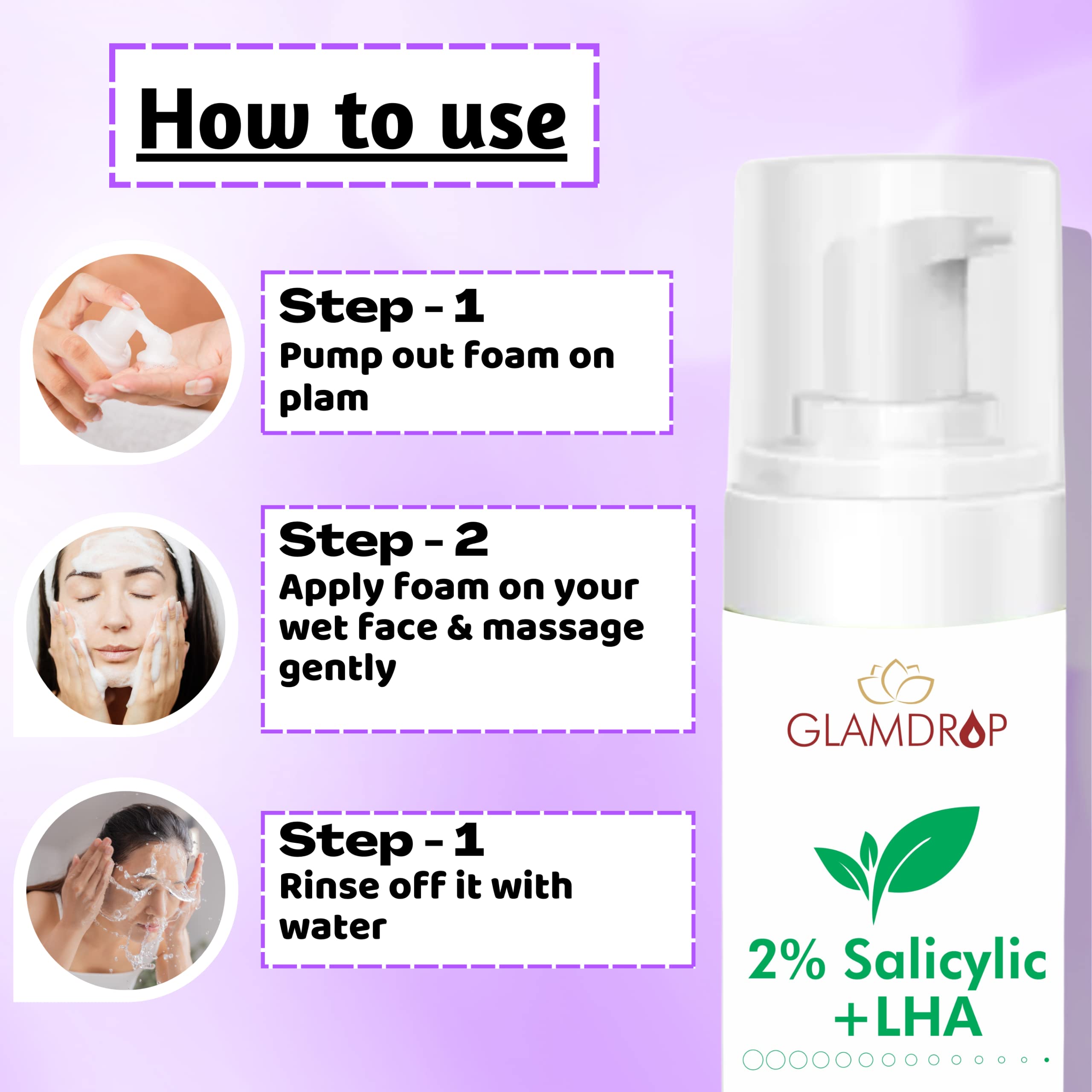 Glamdrop 2% Salicylic Acid Foaming Face Wash for Oily & Acne-Prone Skin | Exfoliating & Deep Cleansing with LHA | Gentle Formula for Men & Women | 150ml | Perfect for Daily Skincare Routine & Acne Treatment
