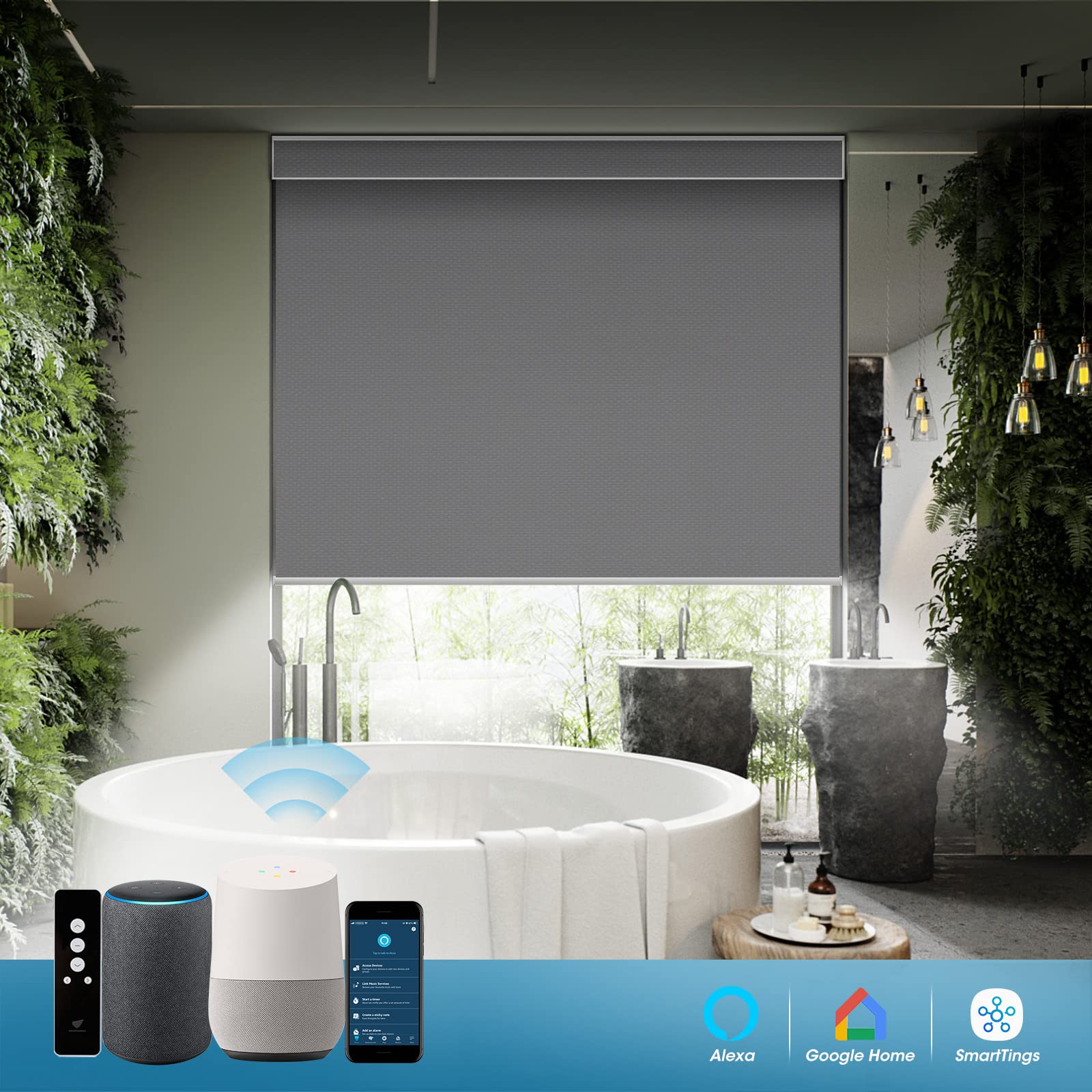 SmartWays Motorized Roller Shades - Alexa, SmartThings & Google Assistant Compatible Smart Blinds | 100% Blackout, Waterproof, Cordless Vinyl Shades with Remote Control | Custom Size Window Coverings for Home Office & Bedroom (Medium Grey) | Perfect for Light Control & Privacy in Living Spaces