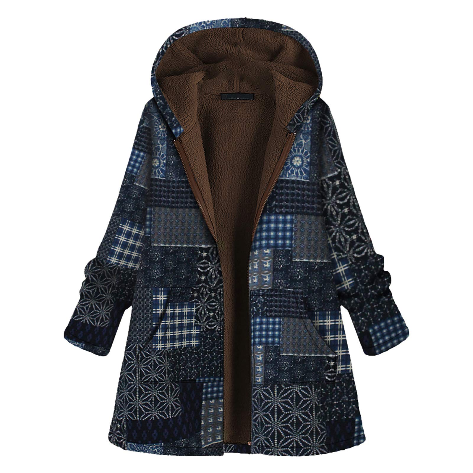 Vintage Floral Print Fleece Hooded Jacket for Women - Plus Size Long Sleeve Zip Up Coat with Hood | Cozy Winter Outerwear for Casual Wear & Outdoor Activities