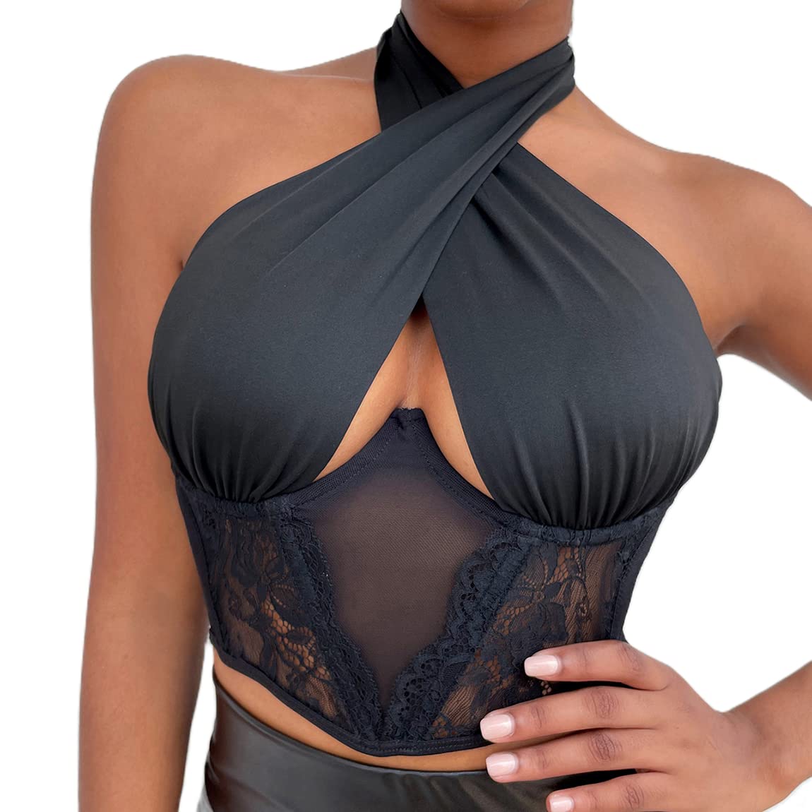 Sexy Criss Cross Lace Patchwork Corset Top for Women - Halter Neck Cut Out Push Up Bustier with Hollow Out Design - Perfect for Night Out, Date Night, Club Wear and Summer Fashion