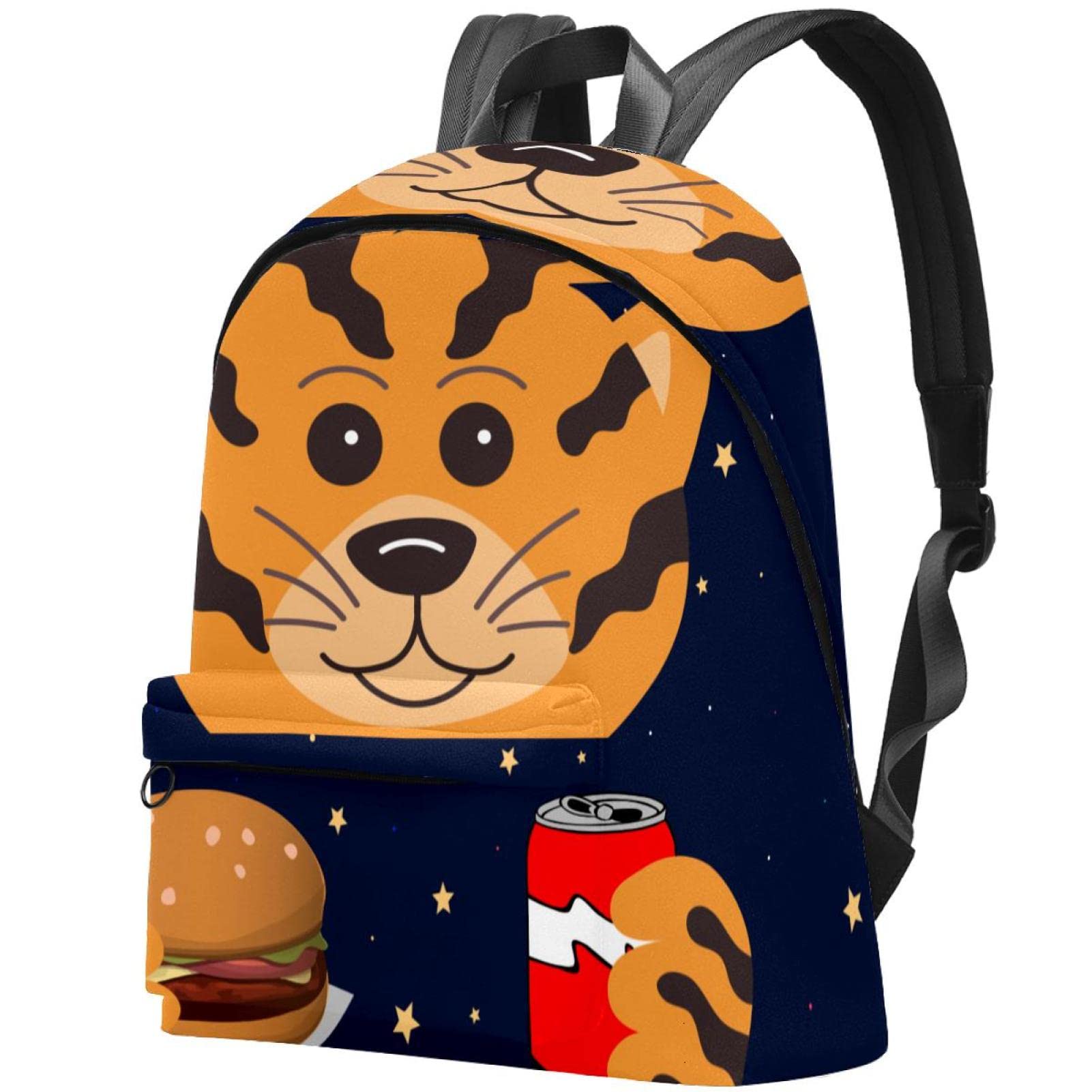 Durable Canvas Backpack for College & Travel - Stylish Unisex Backpack with Cartoon Tiger Eating Hamburger Print - Perfect for School, Work & Outdoor Adventures