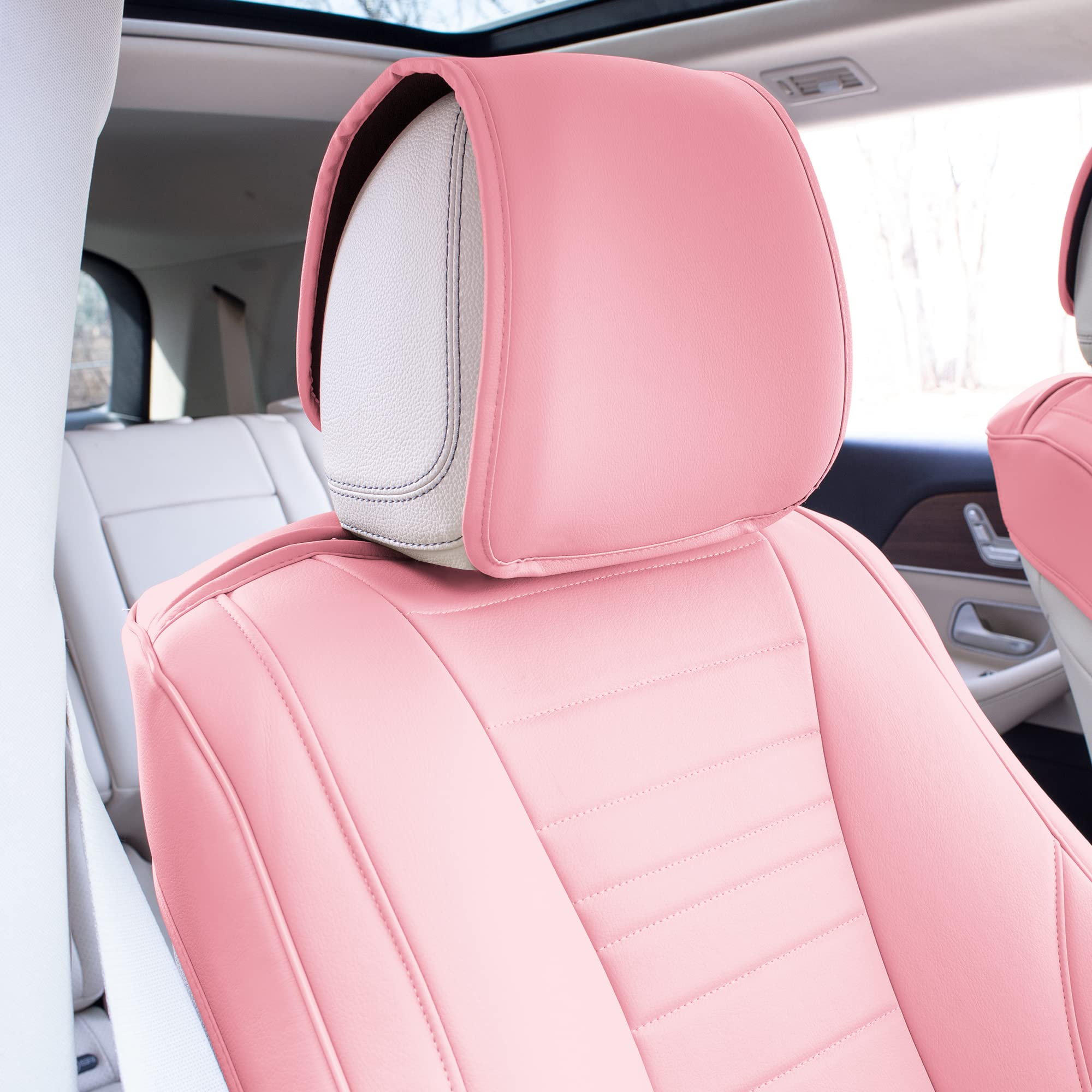 TLH Grande70 Luxe Faux Leather Pink Car Seat Cover Cushion - 2 Pack Waterproof Universal Fit Seat Covers for Cars, Trucks & SUVs | Soft Comfort & Stylish Protection for Daily Commute & Road Trips