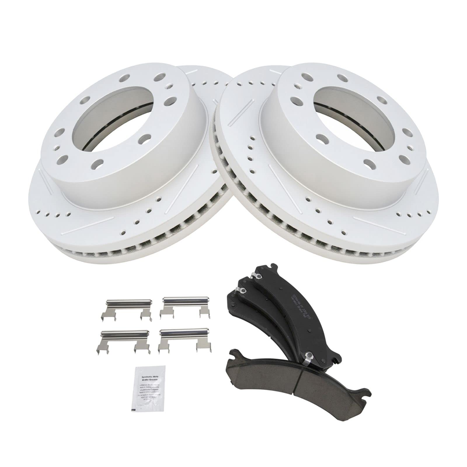 High-Performance Drilled & Slotted Ceramic Brake Pads and Rotors Front Kit for Chevy Silverado GMC Sierra - Perfect for Towing, Off-Roading & Heavy-Duty Driving