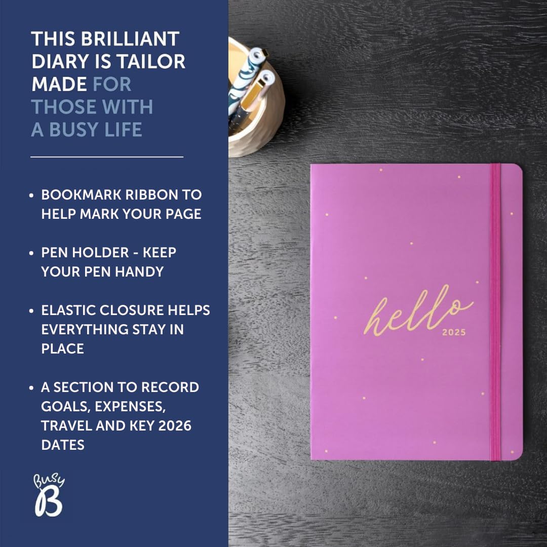 2025 Busy B A5 Weekly Planner - Compact Academic & Work Diary with Week-to-View Layout, Notes Pages & Elastic Closure | Perfect for Students, Teachers & Professionals | Fuchsia Planner (January-December) | Ideal for School Scheduling, Office Tasks & Daily Organization