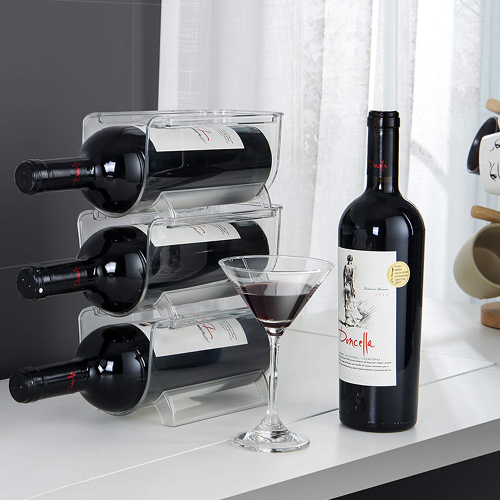 2 Pack Clear Plastic Stackable Water Bottle & Wine Rack Organizer - Space Saving Storage for Kitchen Countertops, Pantry, Fridge - Perfect for Small Spaces and Home Organization