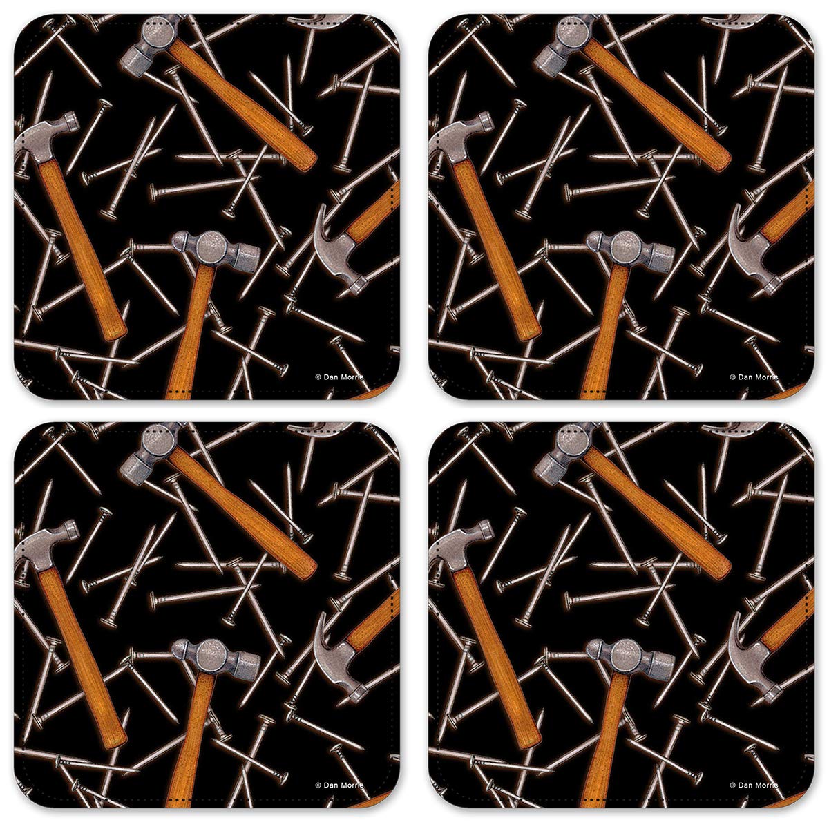 Vinyl Drink Coasters Set of 4 - Hammers & Nails Design by Dan Morris - Perfect for Home Bar, Office Desk & Kitchen Countertop Protection