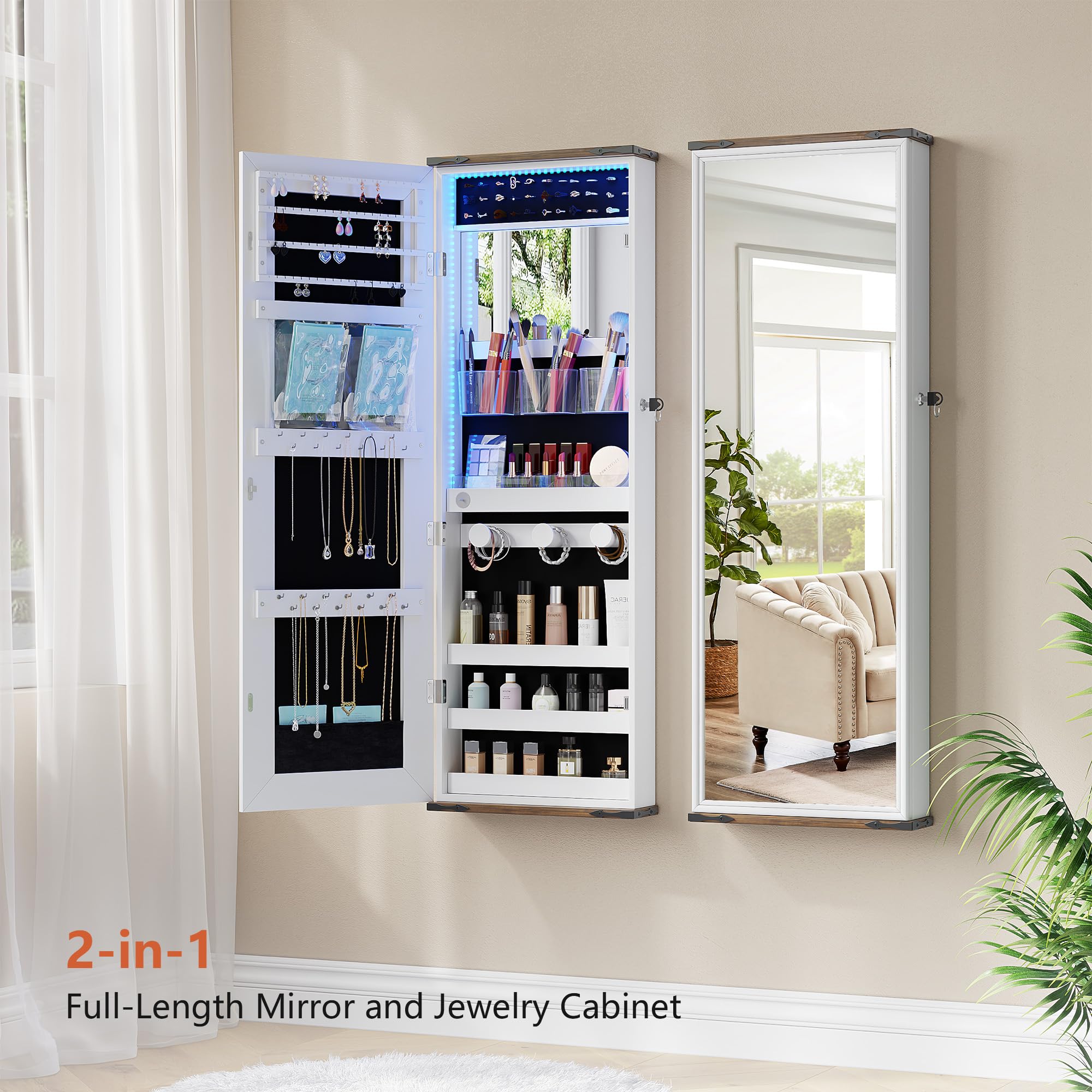 Farmhouse Jewelry Organizer with LED Lights - Wall or Door Mounted Jewelry Armoire Cabinet with Full Length Mirror, Storage & Lockable Interior - White - Perfect for Bedroom, Closet, and Dressing Room Organization