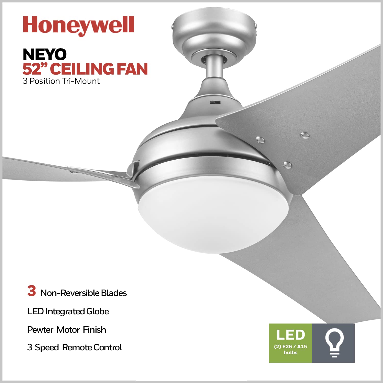 Honeywell Neyo 52 Inch Modern LED Ceiling Fan with Light & Remote Control - High Performance Reversible Motor, Pewter Finish - Perfect for Living Room, Bedroom & Office Spaces