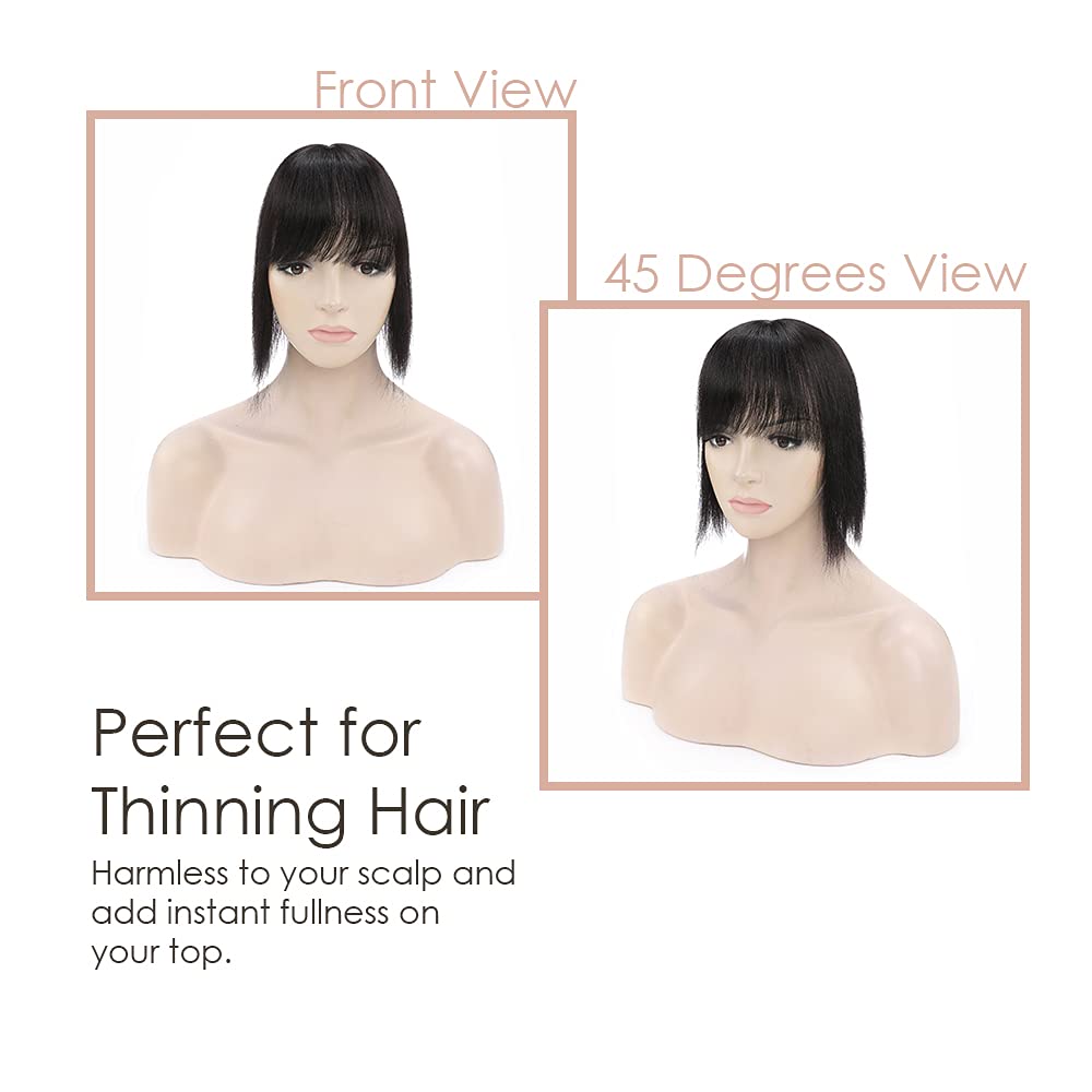 MY-LADY Human Hair Toppers for Women - 150% Density Remy Hair Topper with Silk Base & Bangs - 7x13cm Clip-in Hairpiece for Thinning Hair - 18 Inch Straight #1B Natural Black - Perfect for Daily Wear, Parties & Special Occasions